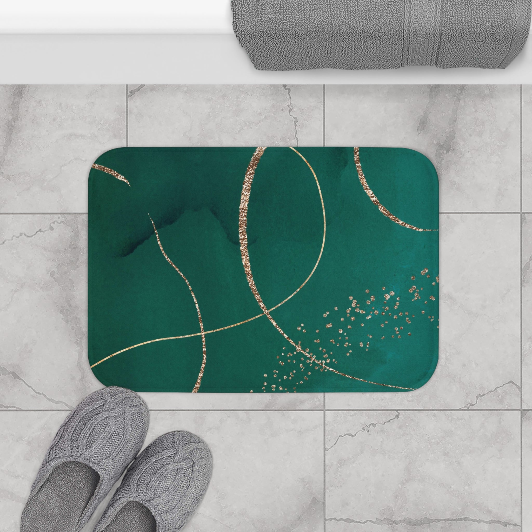 Boho Bath, Kitchen Mat | Modern Green, Muted Gold Watercolor