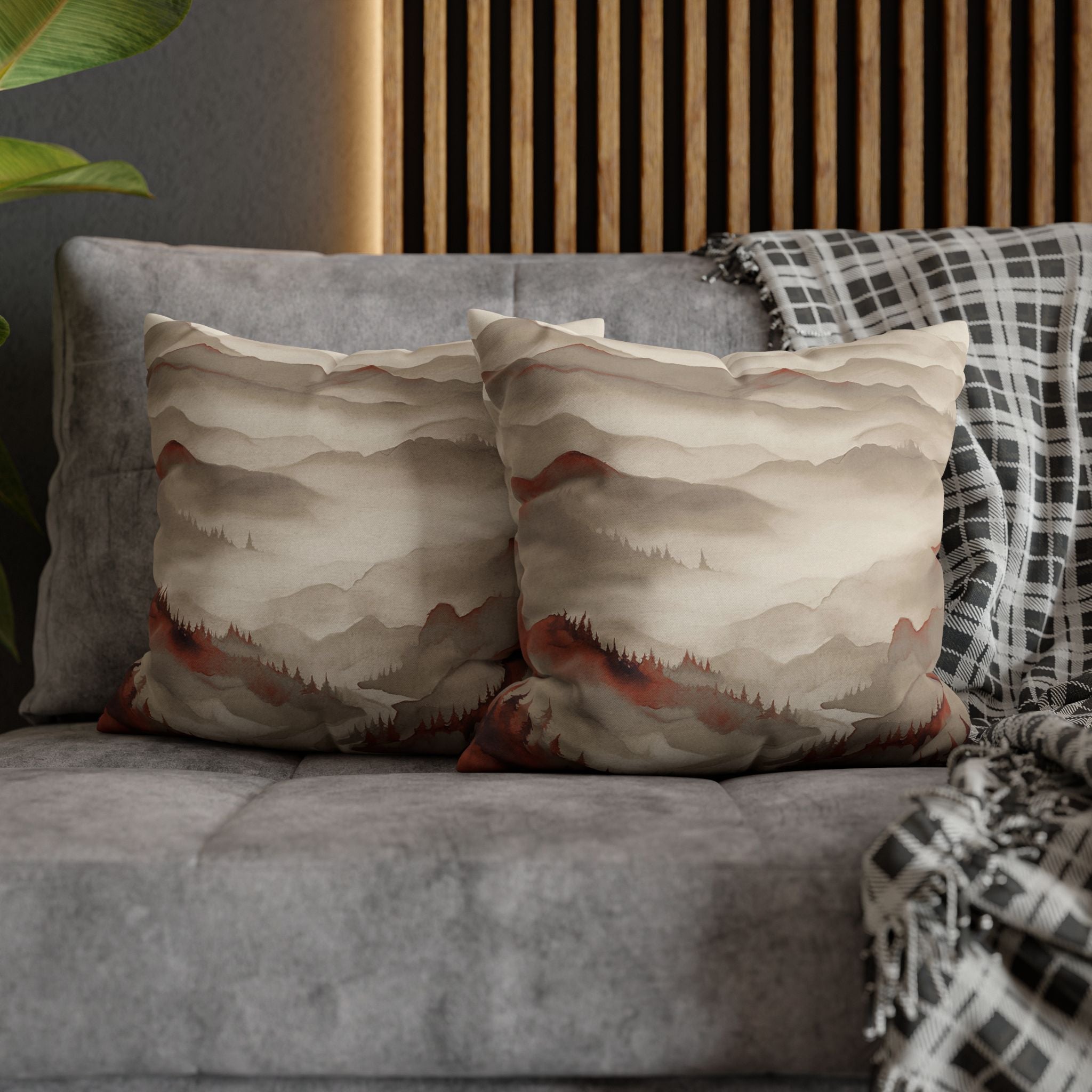 Boho Throw Pillow Cover, Taupe Rust, Mountains Nature Decor Cushion