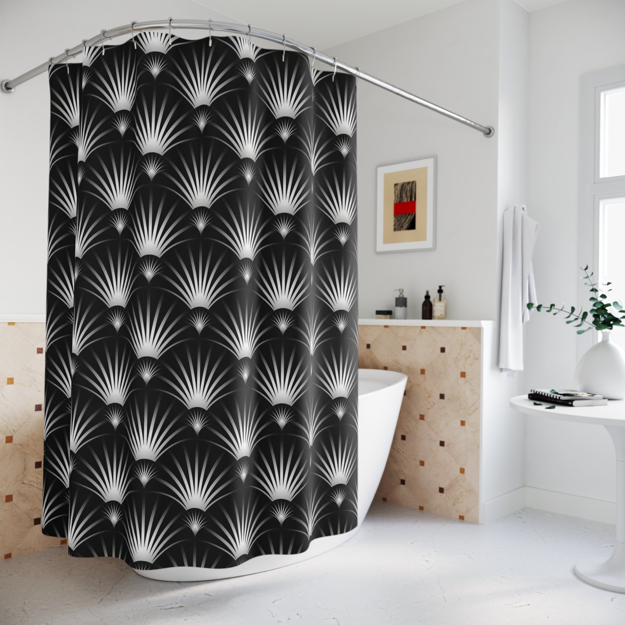 Boho Art Deco Shower Curtain | Black White Art Nouveau