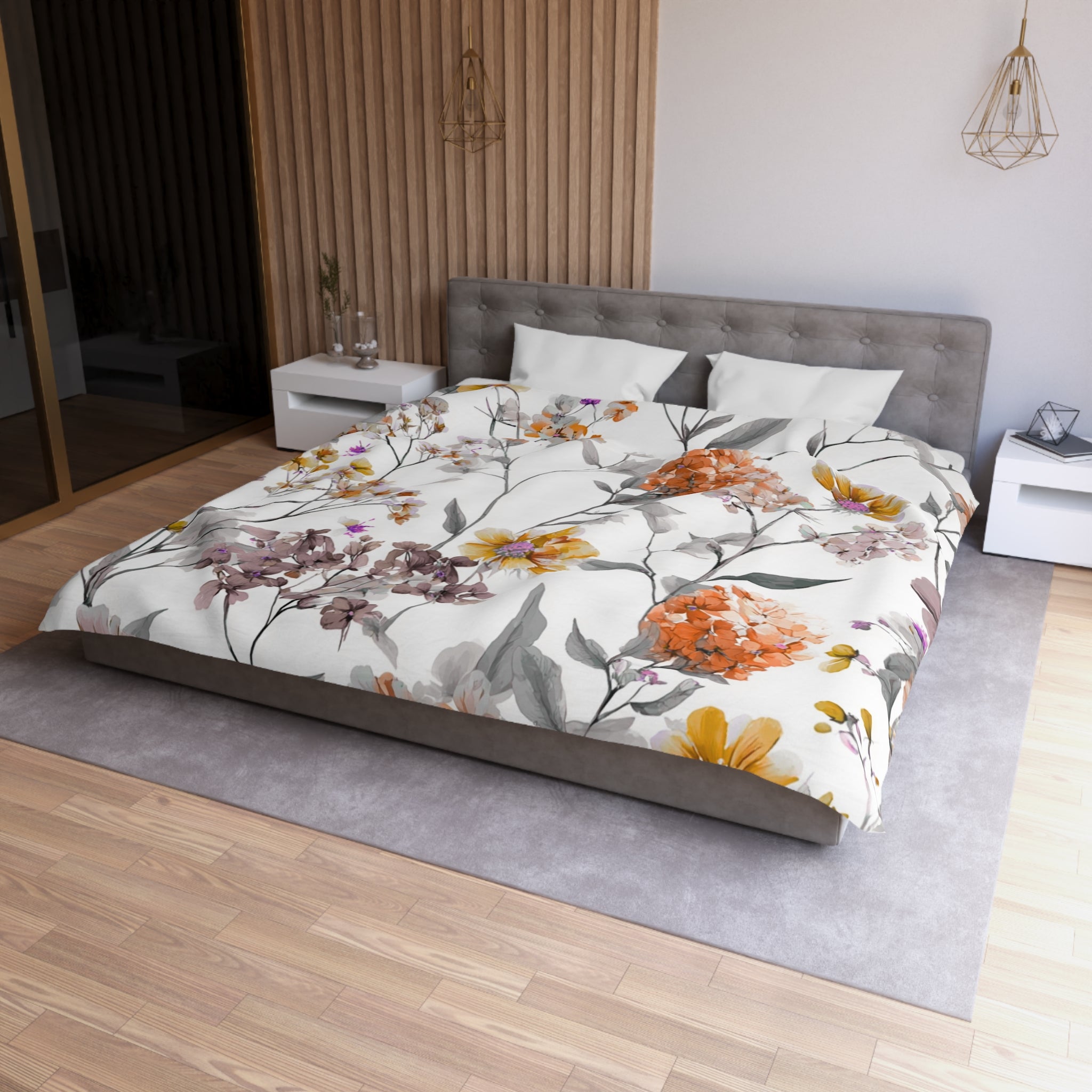 Floral Modern Duvet, Pillow Cover | White Orange Bedroom Decor