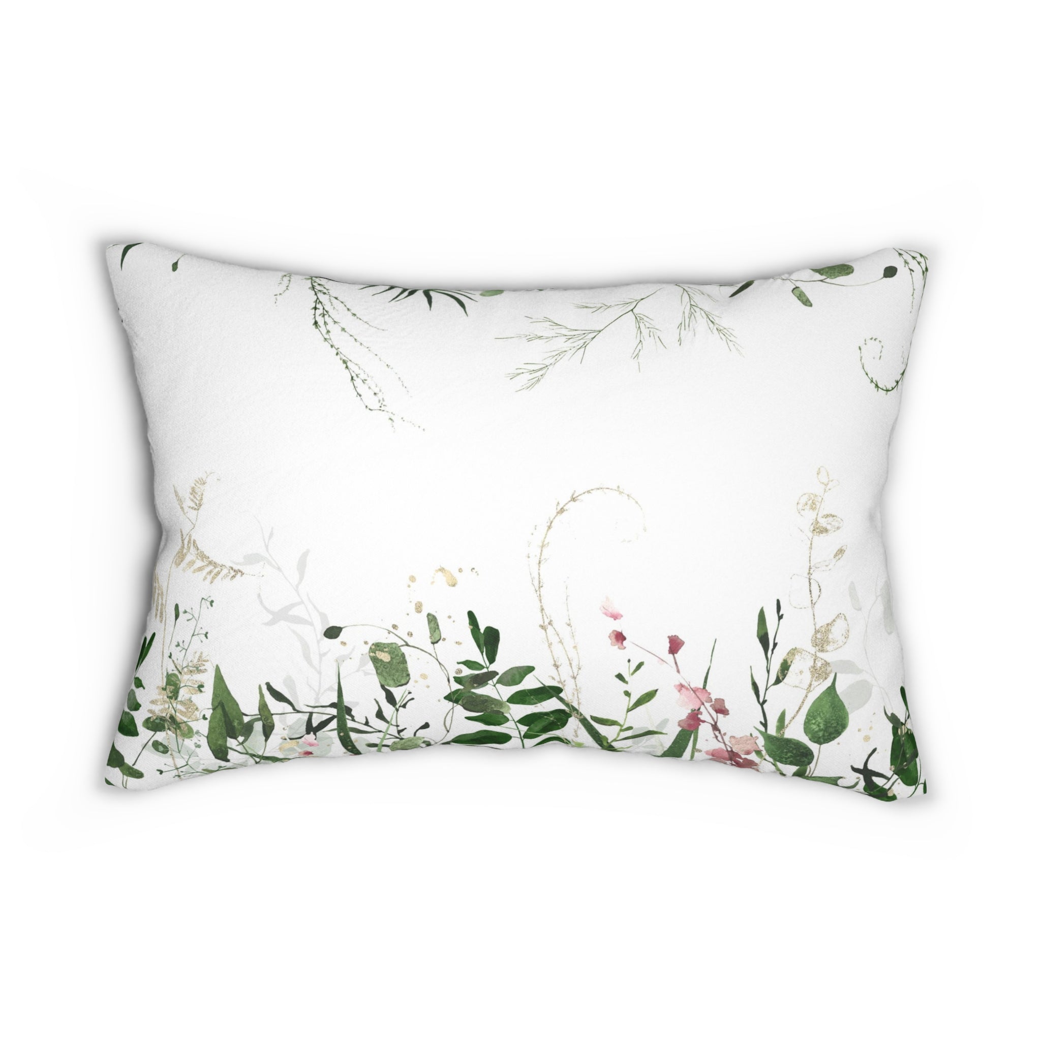 Boho Lumbar Pillow | White Sage Green Leaves Floral