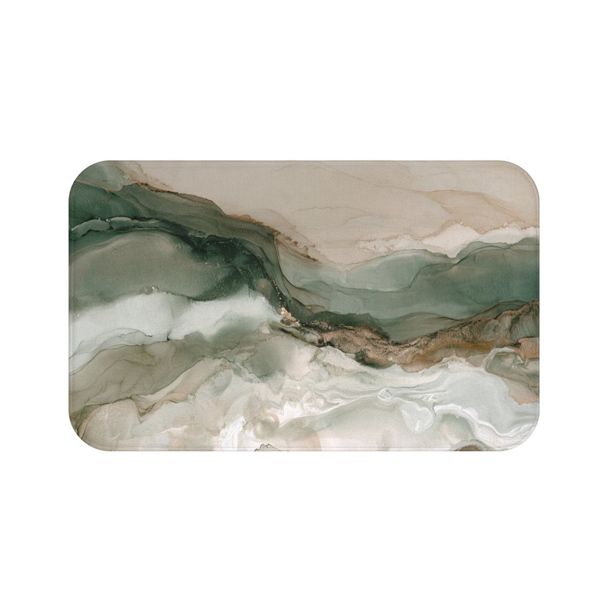 The image is a rectangular abstract art print featuring a marble-like texture with swirling, fluid patterns in shades of green, brown, and beige.