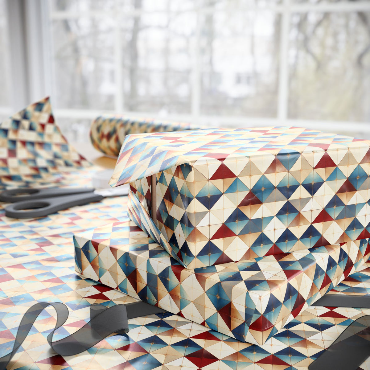 Red Blue Beige Geometric Triangle Wrapping Paper, Gift Wrap