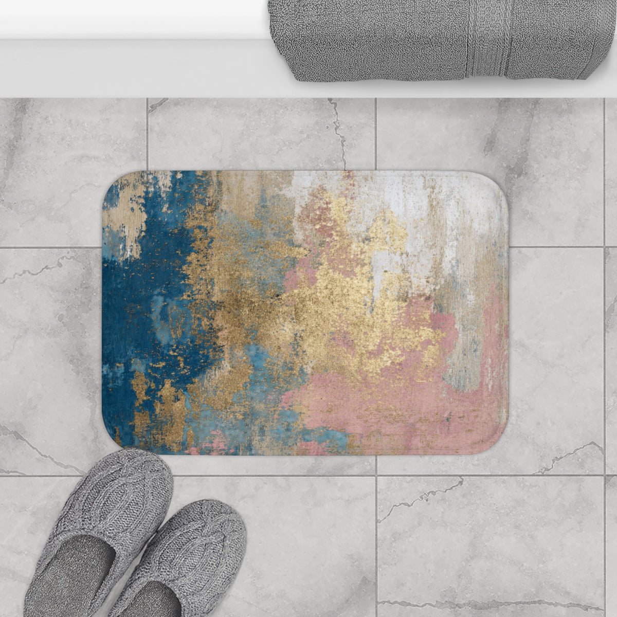 Teal Blush Ochre Abstract Bath Mat, Textured Bathroom Rug