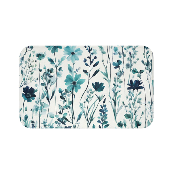 Floral Bath Mat, Kitchen Mat | Teal Green, Blue Wildflowers