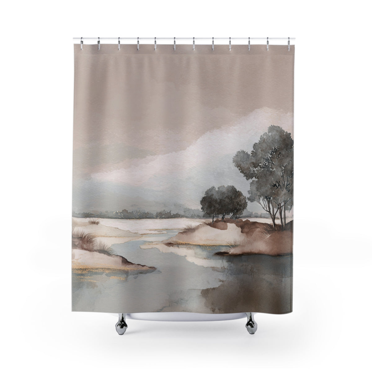 a watercolor painting of a serene landscape with trees, a river, and a cloudy sky.