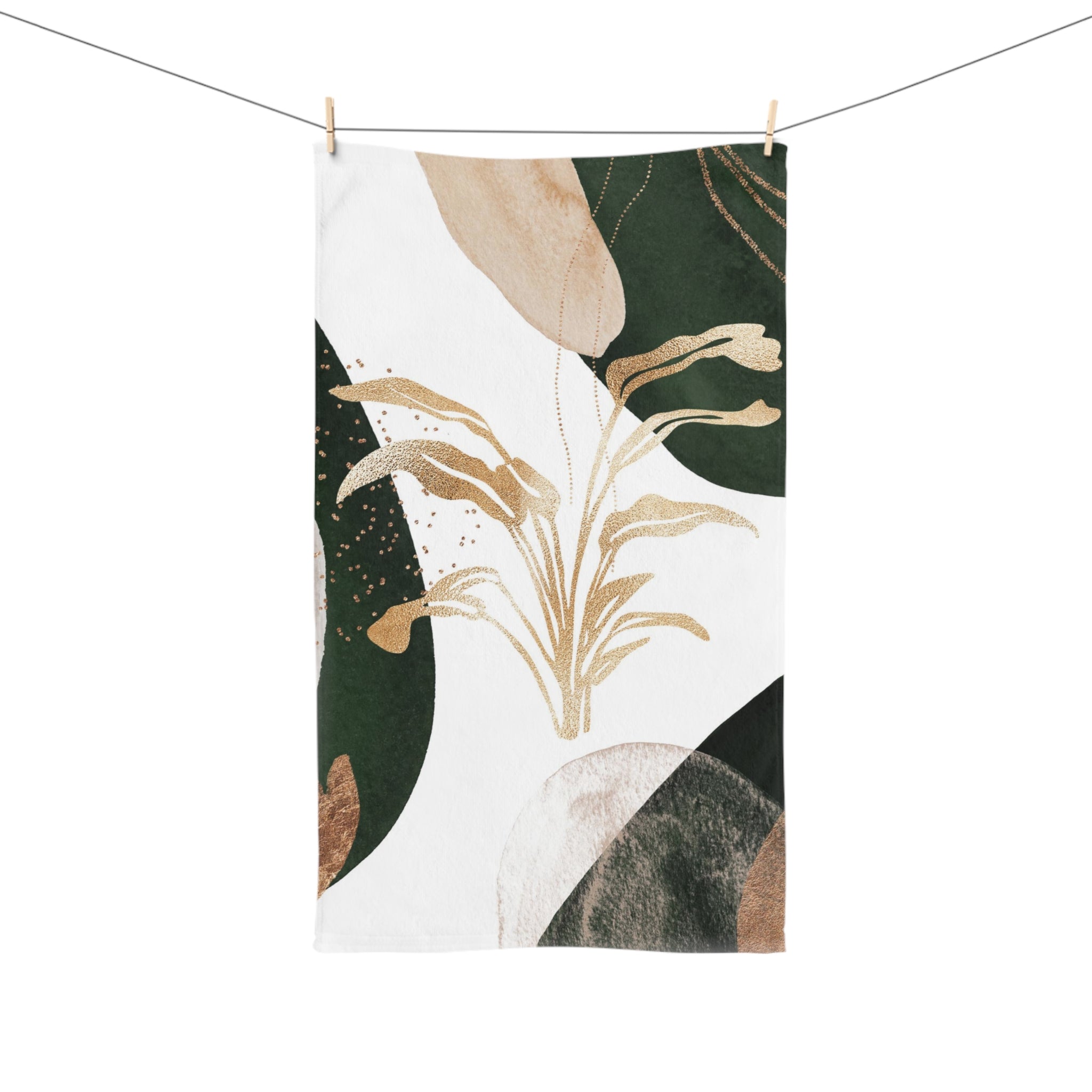 Boho Floral Kitchen, Bath Hand Towel | White Dark Green, Beige Gold