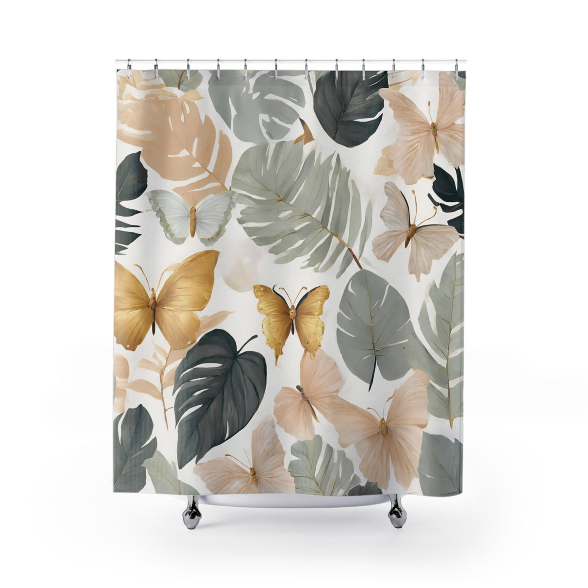 a shower curtain with a repeating pattern of tropical leaves and butterflies in shades of green, brown, and yellow.