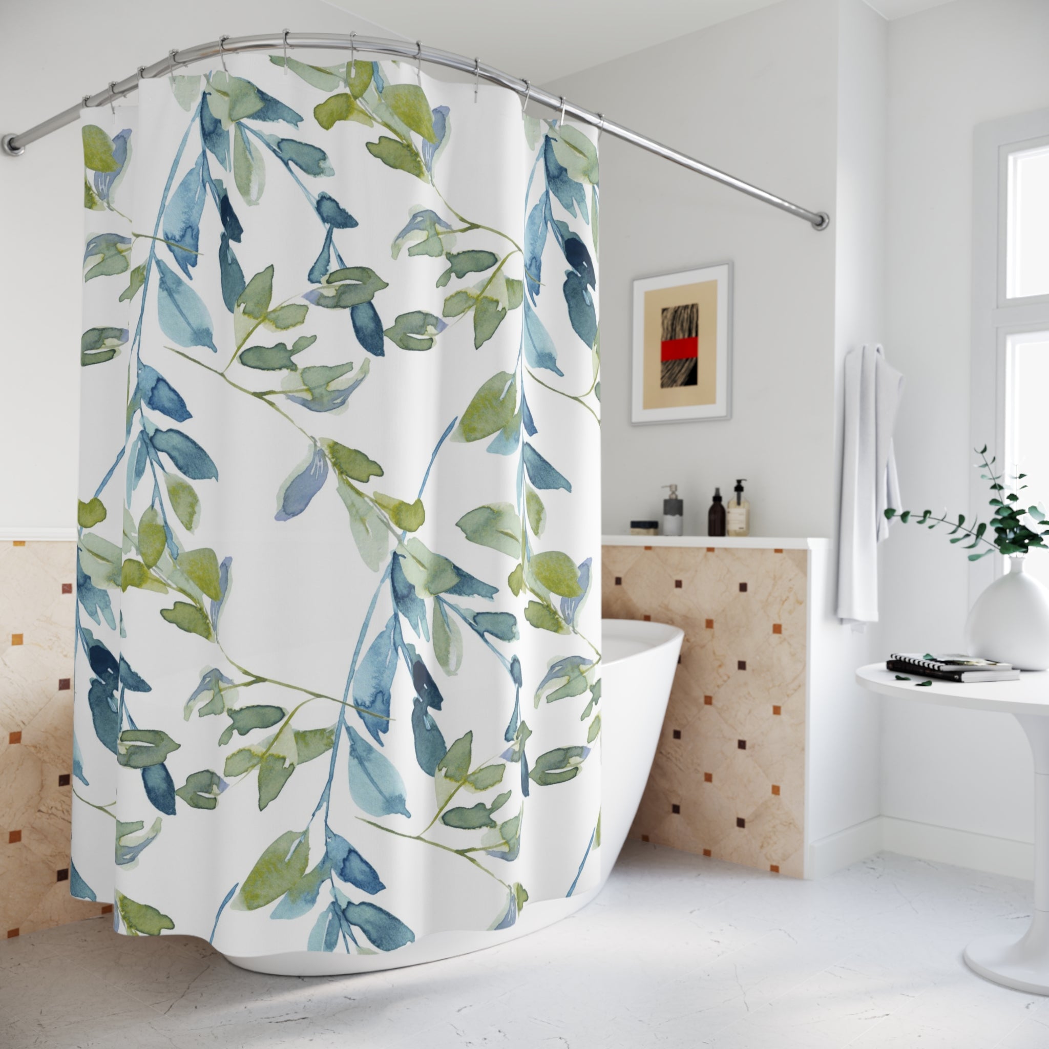 Boho Shower Curtain | Abstract Leaves, Blue Green