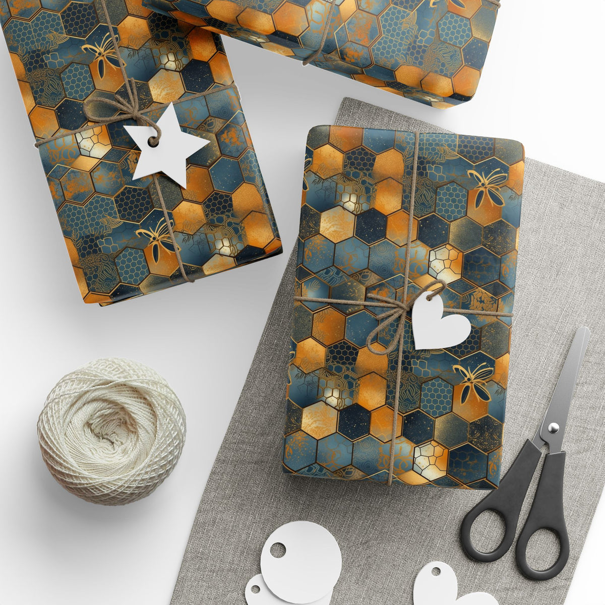 Navy Mustard Honeycomb Bee Wrapping Paper, Gift Wrap