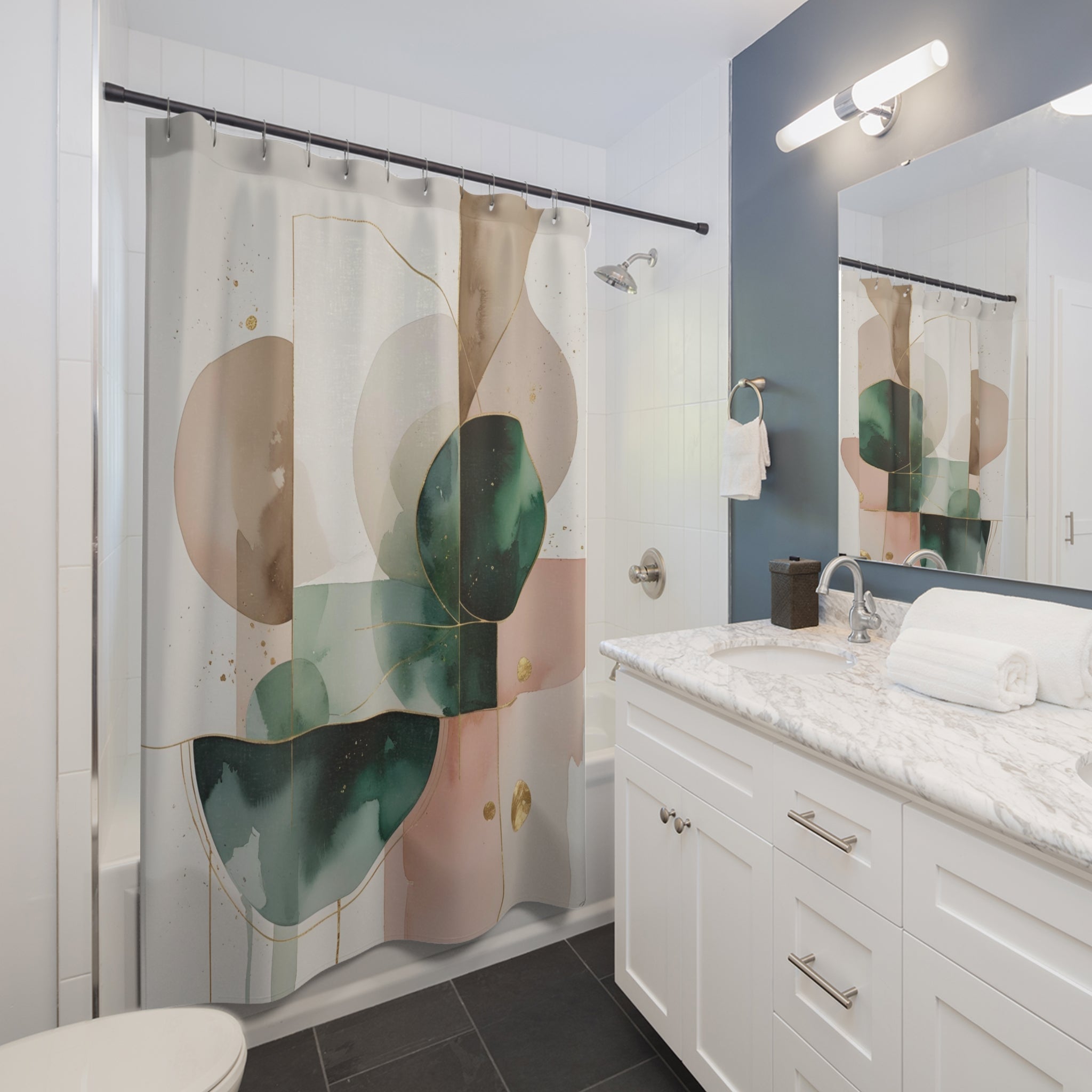 Shower Curtain | Abstract Green Beige Pink, White Muted Gold