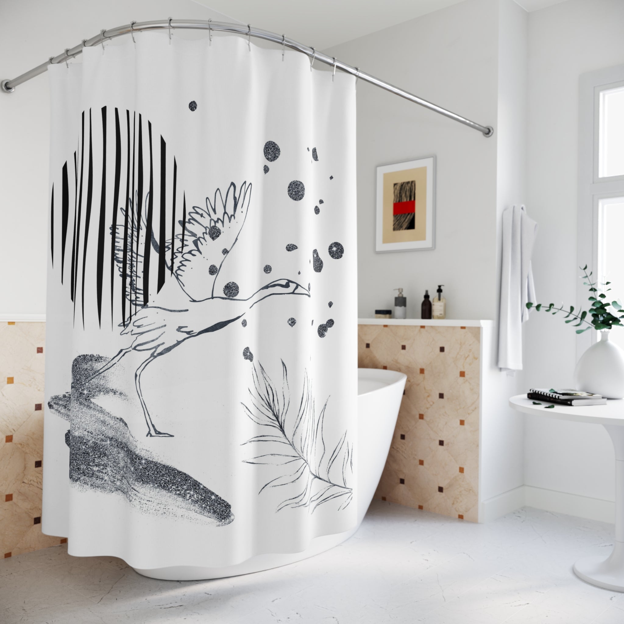 Boho Shower Curtain | Crane Bird, White Grey Black