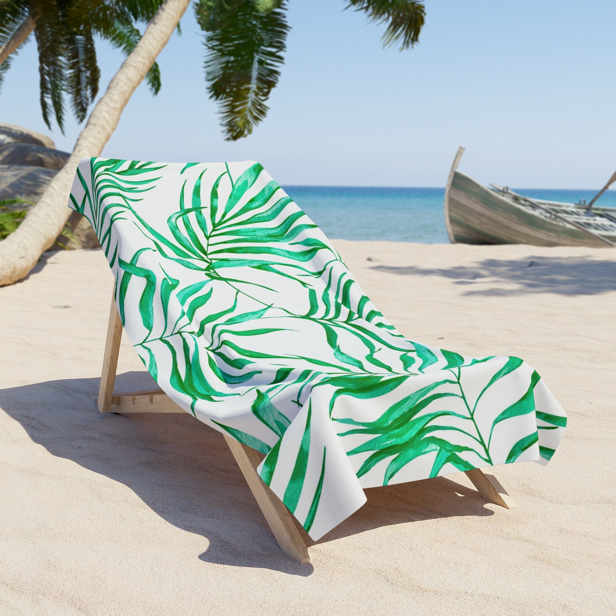 Floral Bath, Beach Towel | Tropical Green Palm Leaves, White