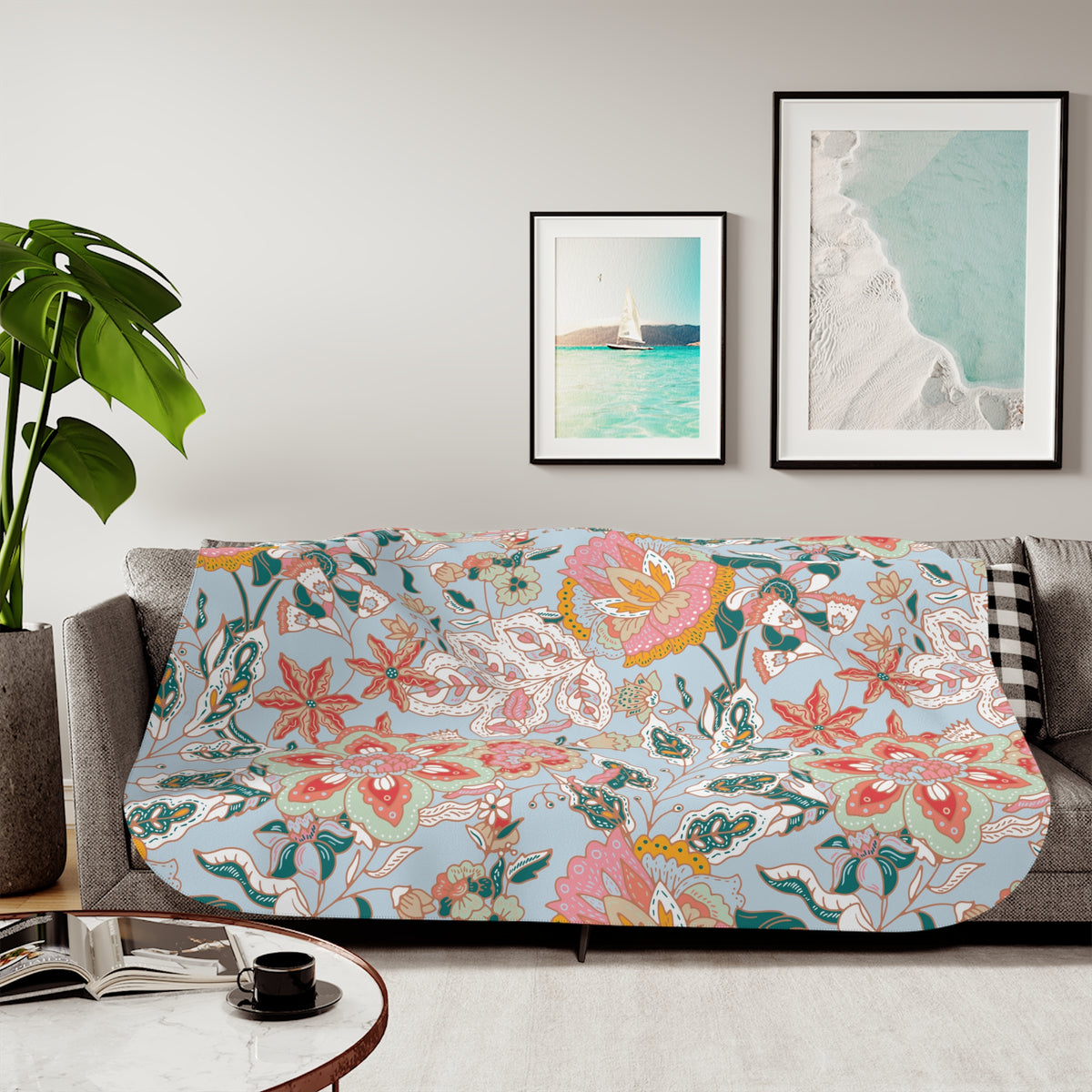 Coral Teal Jacobean Floral Sherpa Blanket | Light Blue Throw
