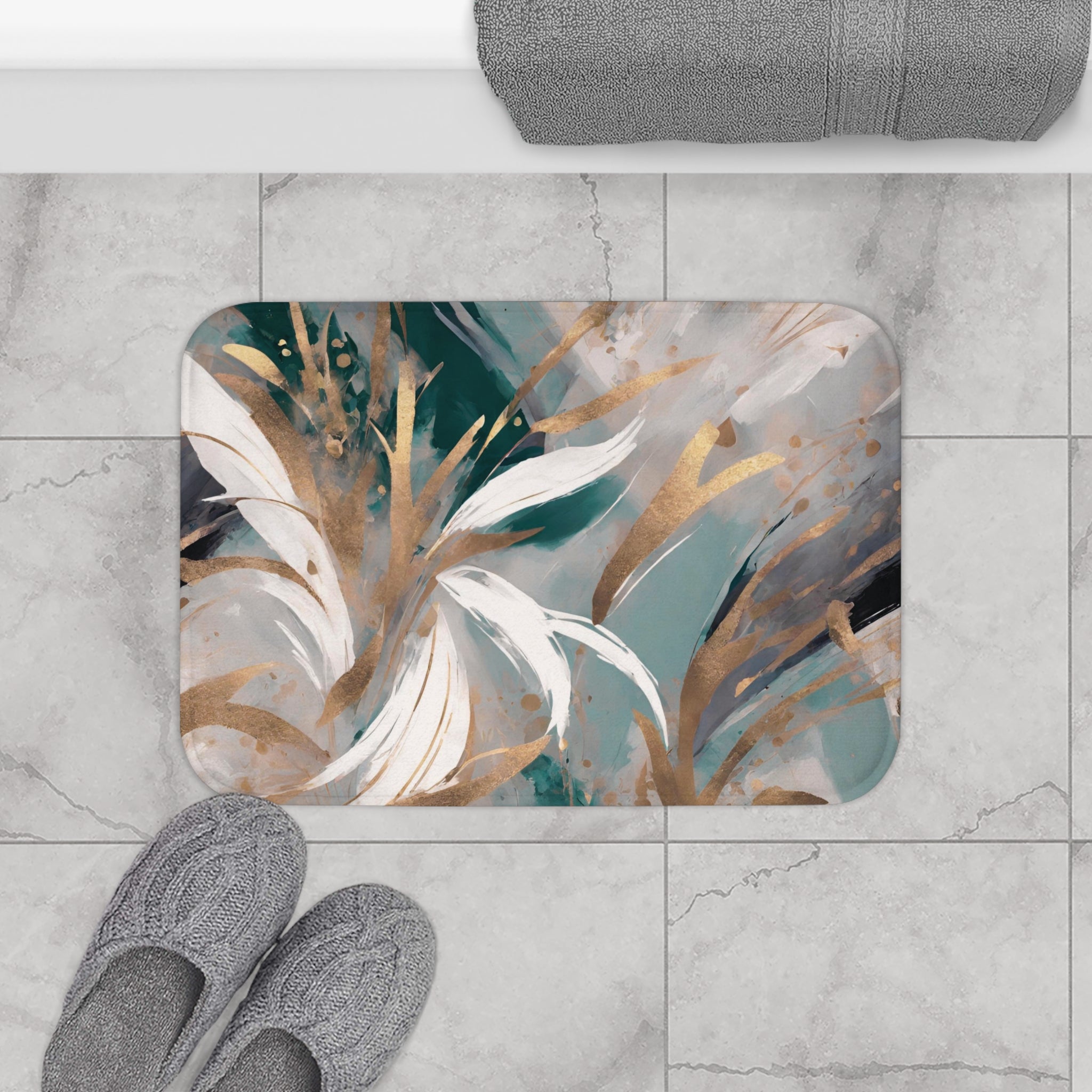 Boho Abstract Bath, Kitchen Floor Mat | Sage Green Muted Gold, Beige