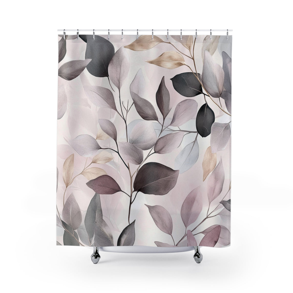 a shower curtain with a repeating pattern of leaves in various shades of gray, brown, and beige.