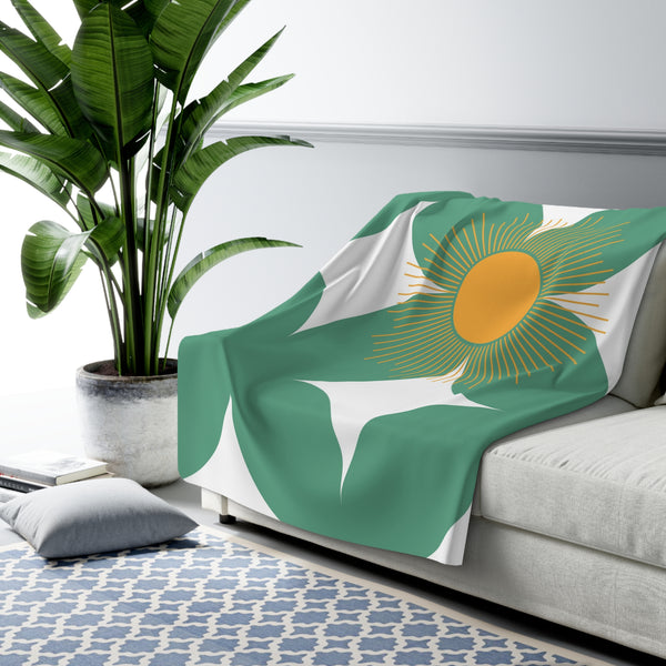 Mid Century Comfy Blanket | Sage Green, White, Orange Sun Rays