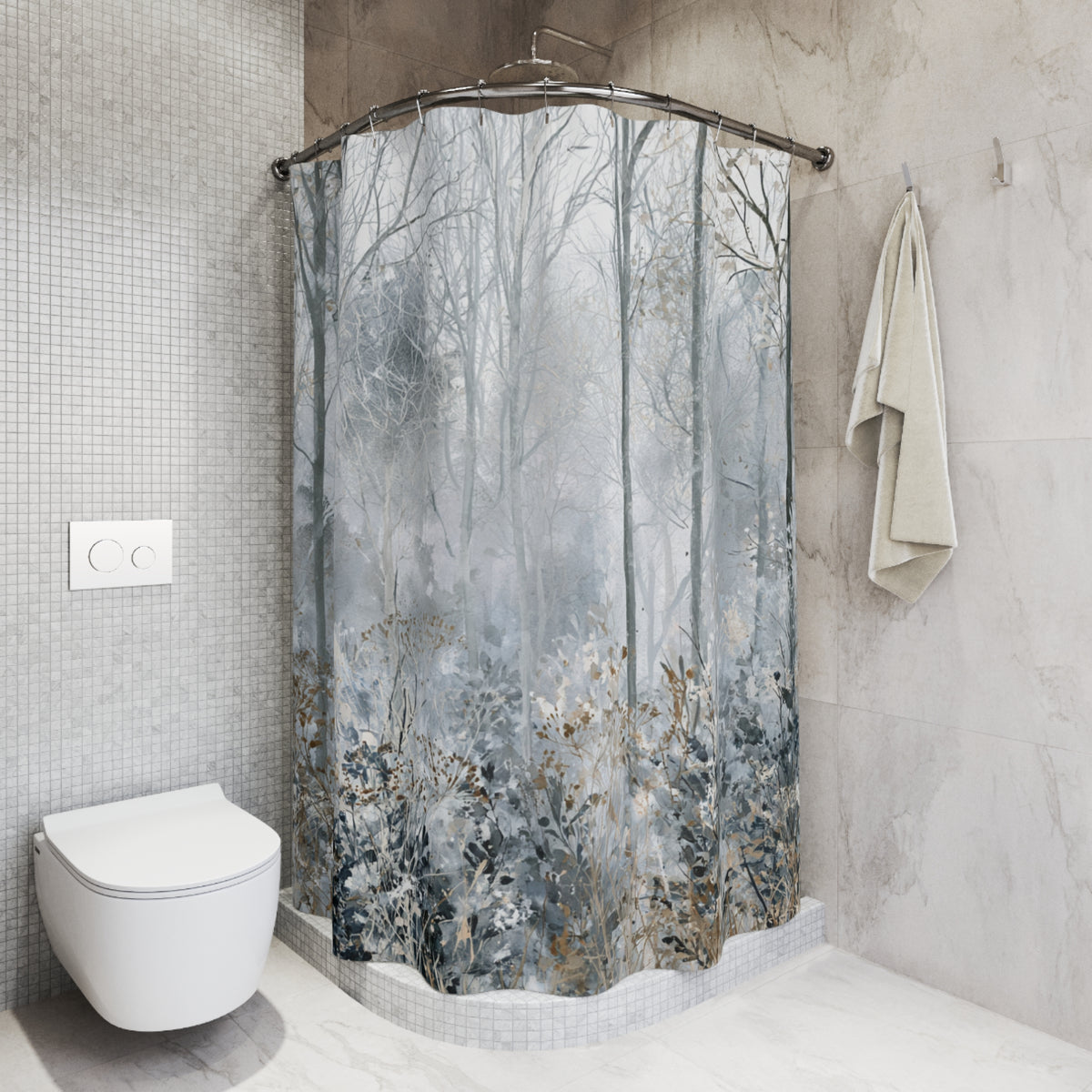 Grey Blue Misty Winter Forest Shower Curtain, Bath Curtain