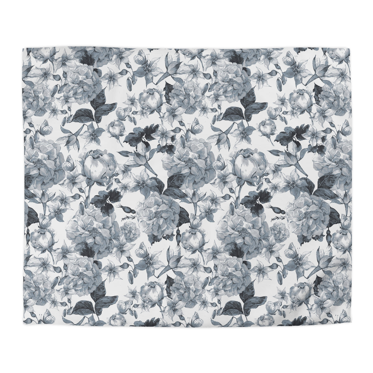 a repeating pattern of black and white flowers and leaves on a white background.