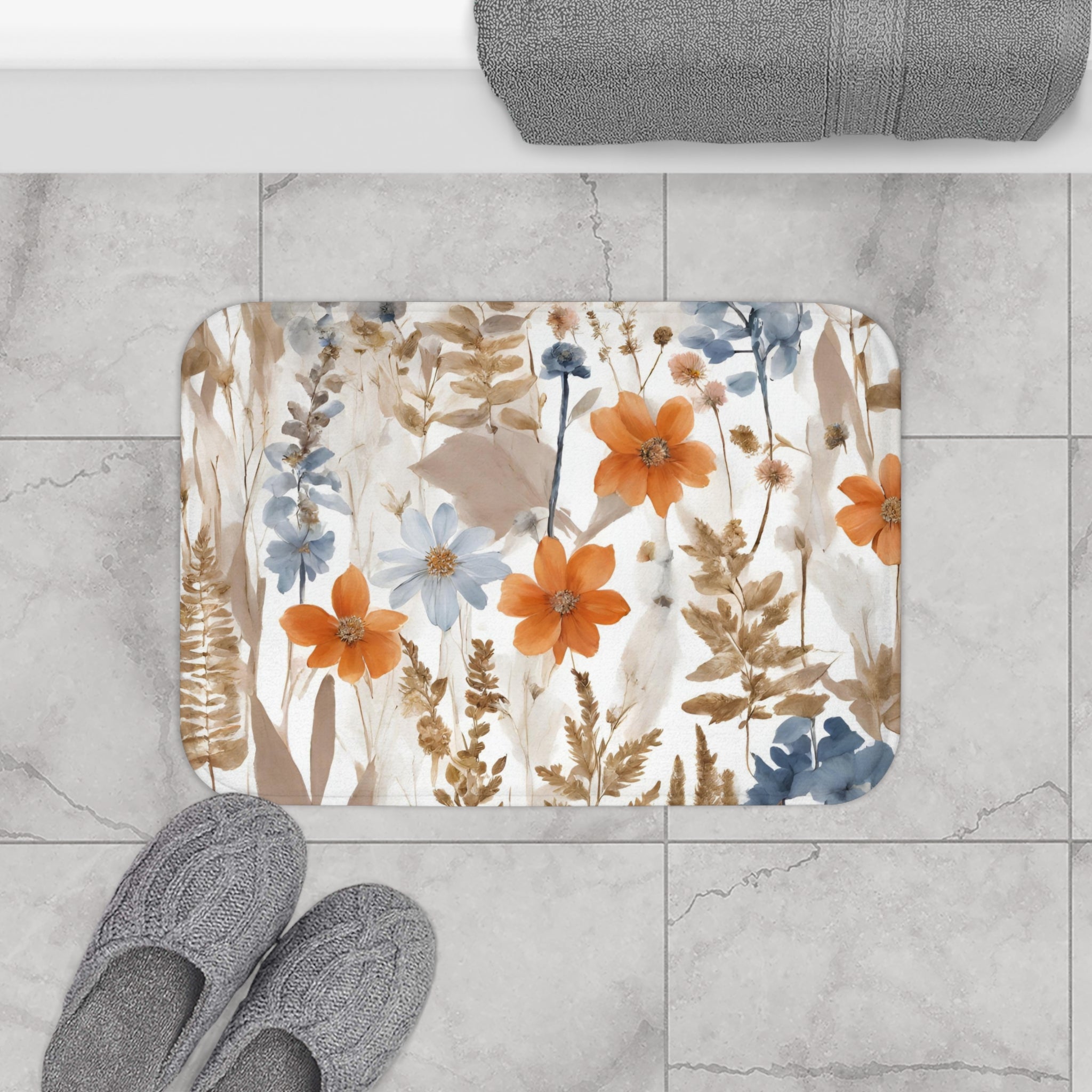 Floral Bath Mat | White, Beige, orange wildflowers