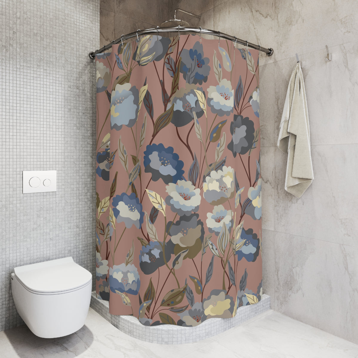 Dusty Rose Blue Floral Shower Curtain, Bath Curtain 71x74