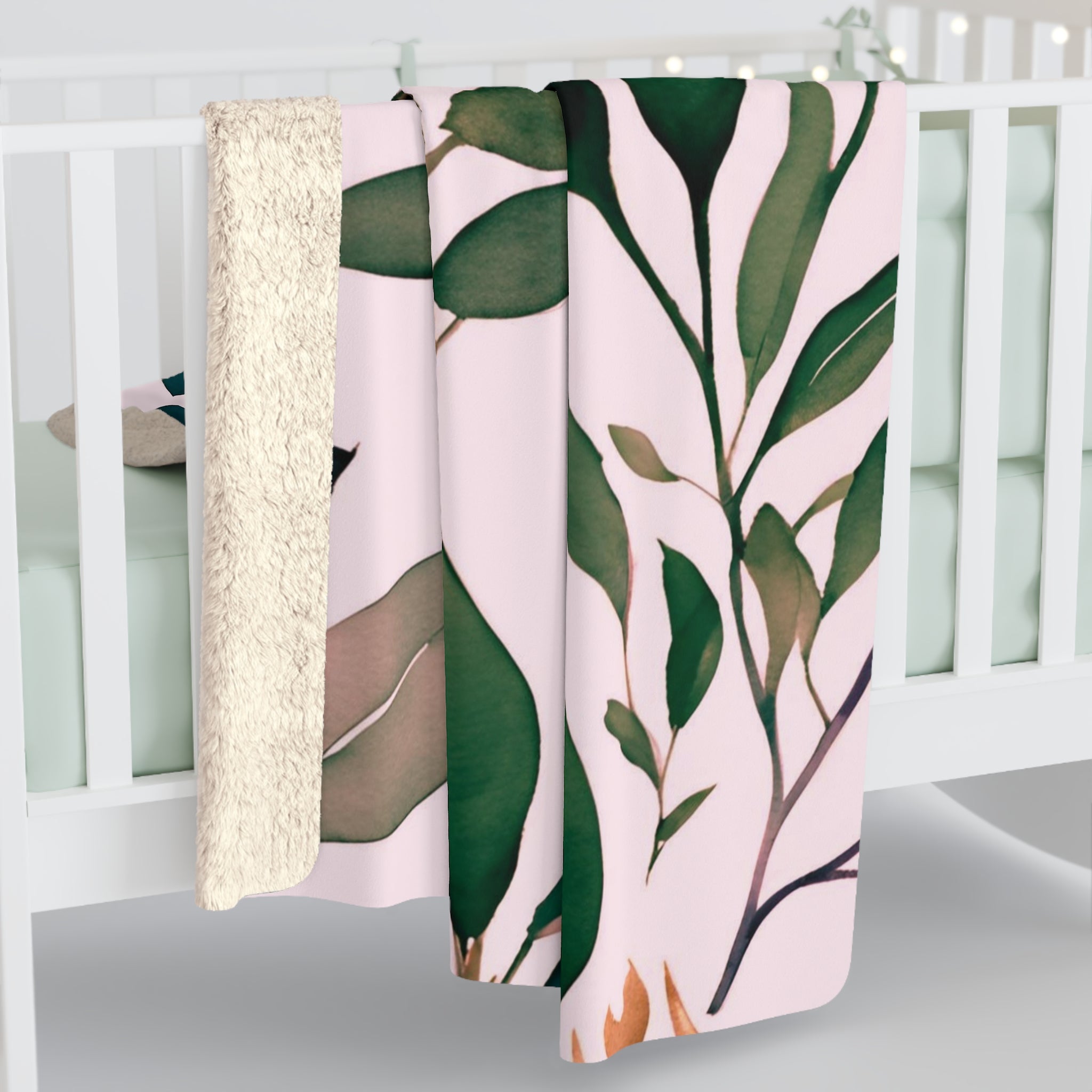 Floral Throw Blanket | Dark Green, Blush Pink Eucalyptus Leaves