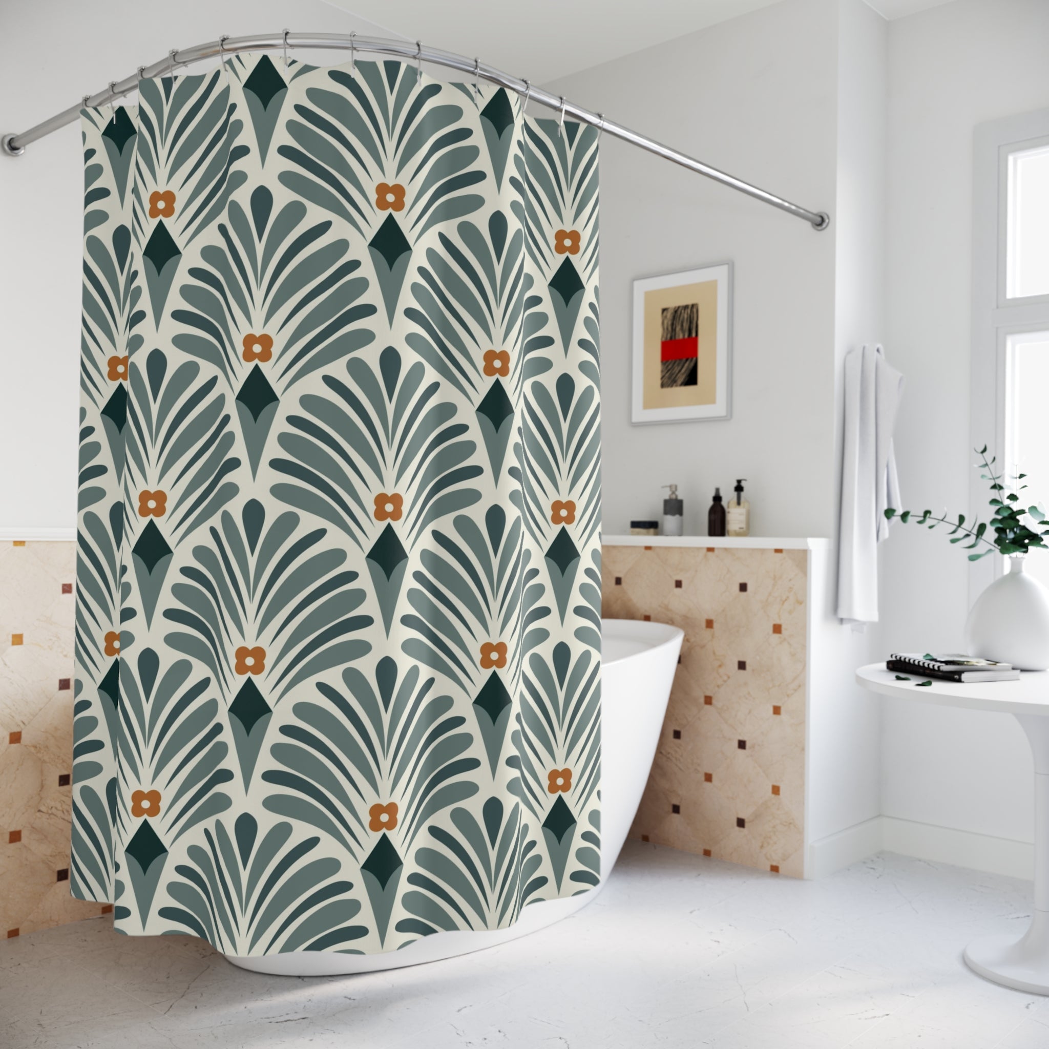Boho Shower Curtain | Retro Green Art Deco, Nouveau