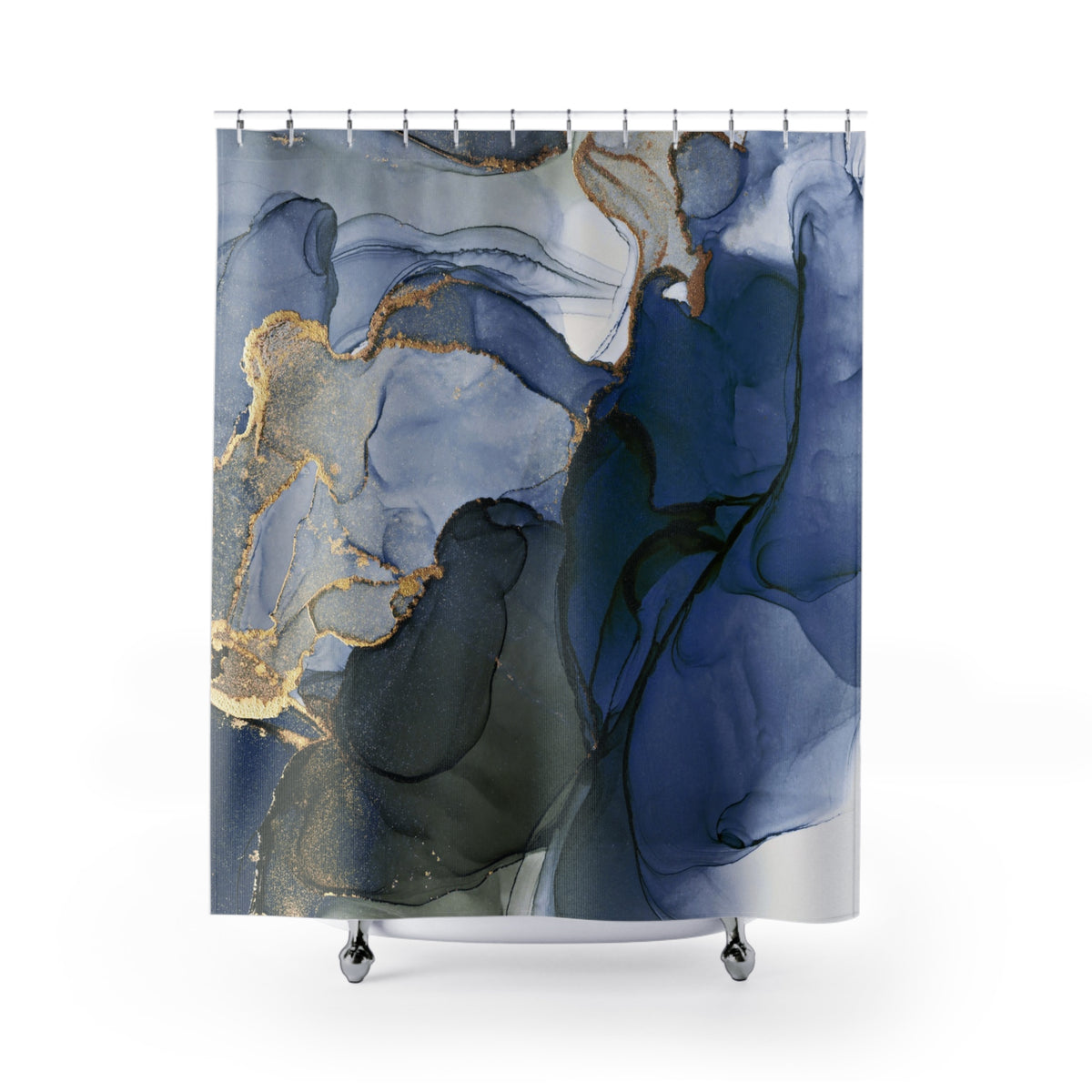 an abstract painting with a mix of blue, black, and gold colors, creating a dynamic and visually striking composition.