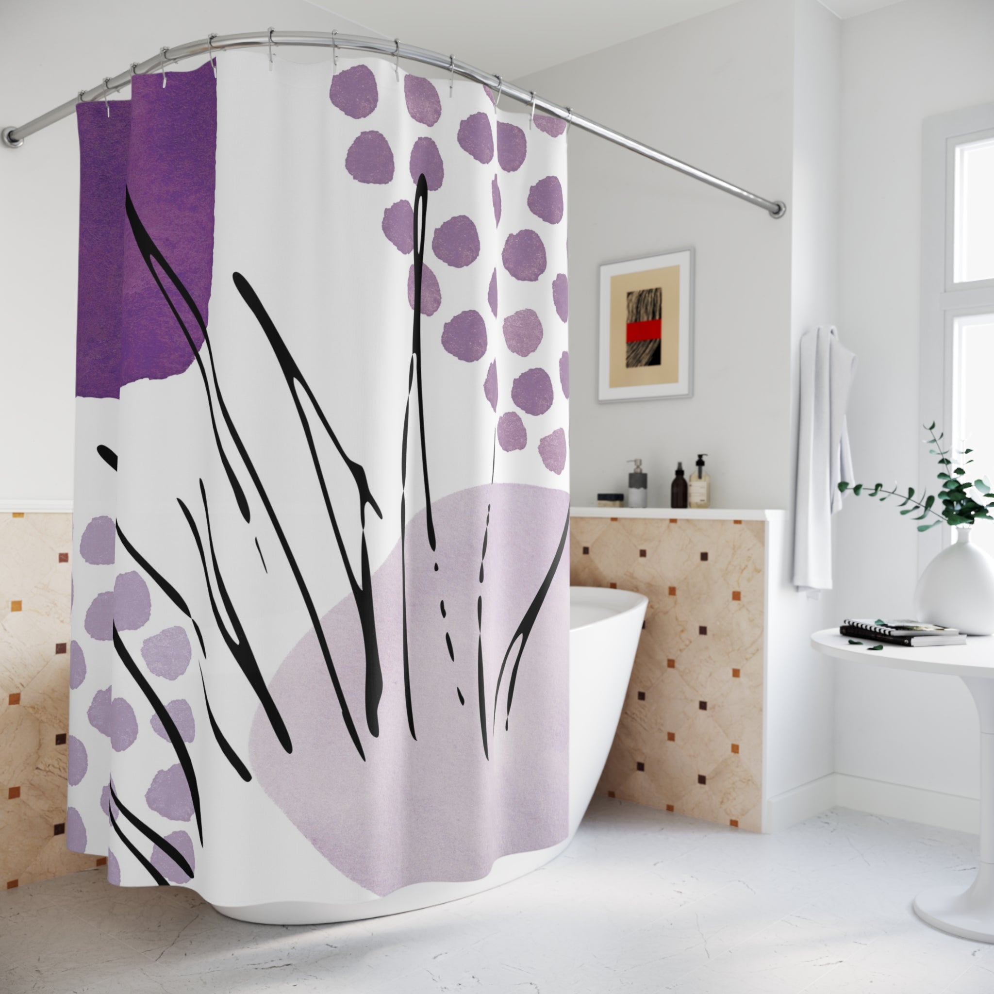 Boho Shower Curtain | Abstract Art White Lavender Purple Black Minimalist