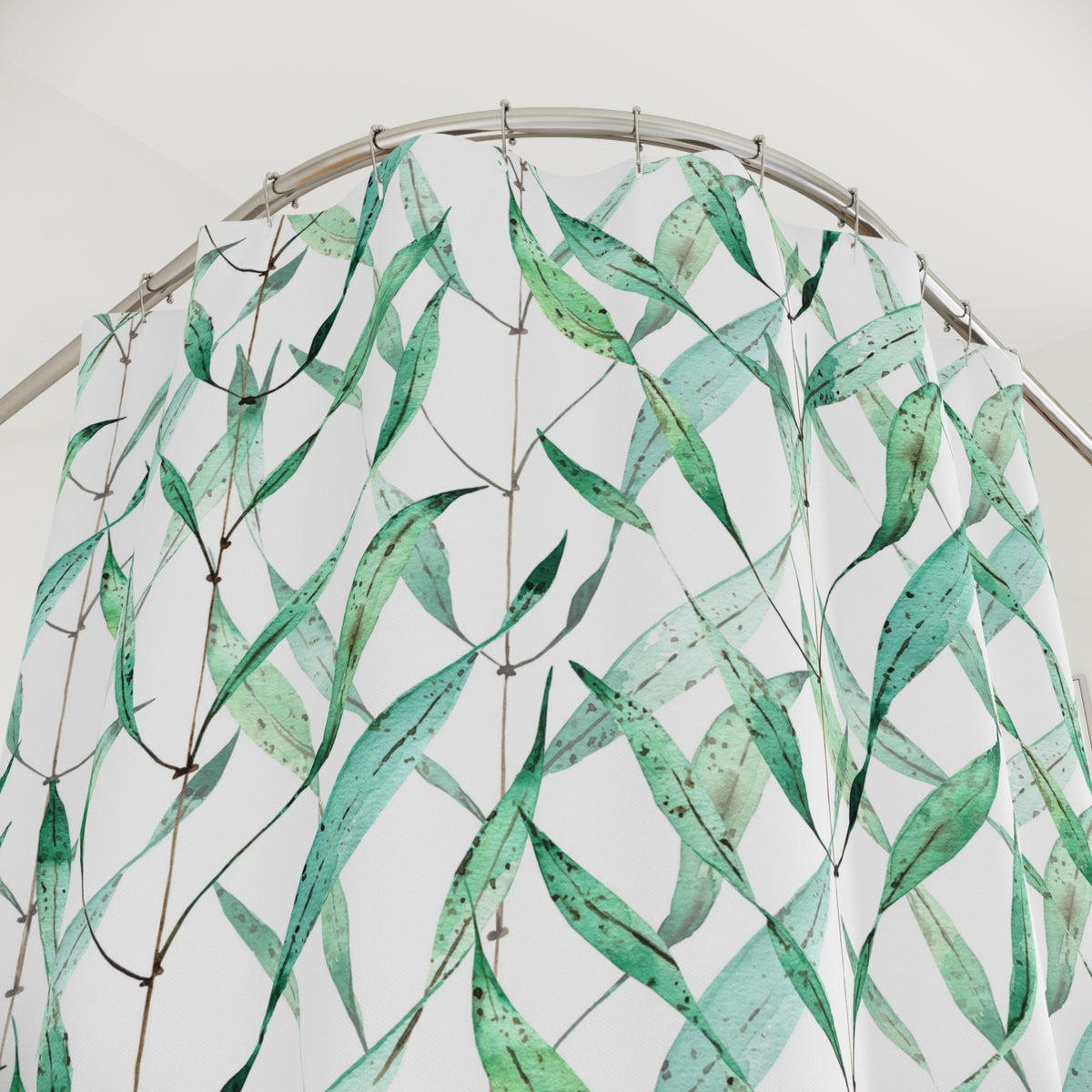 Aqua Mint Watercolor Bamboo Shower Curtain, Bath Curtain 71x74