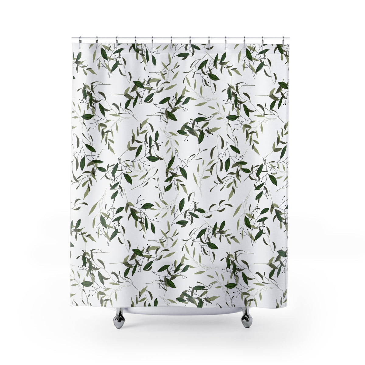 A white shower curtain with a repeating pattern of green leaves and branches.