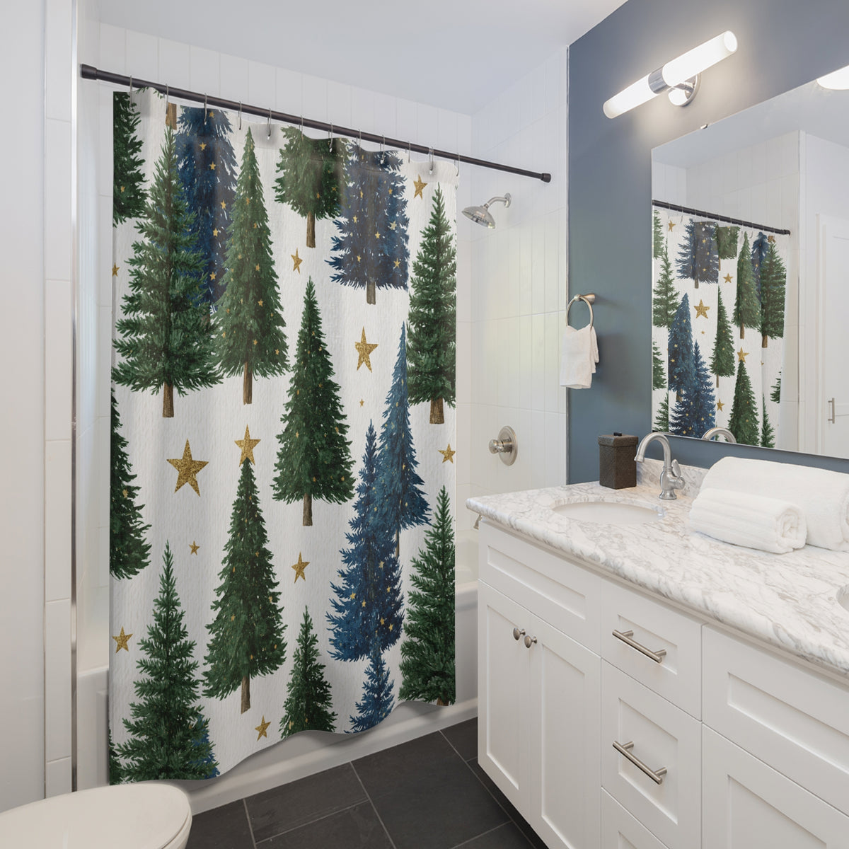 Green Blue Christmas Pines Shower Curtain, Bath Curtain 71x74