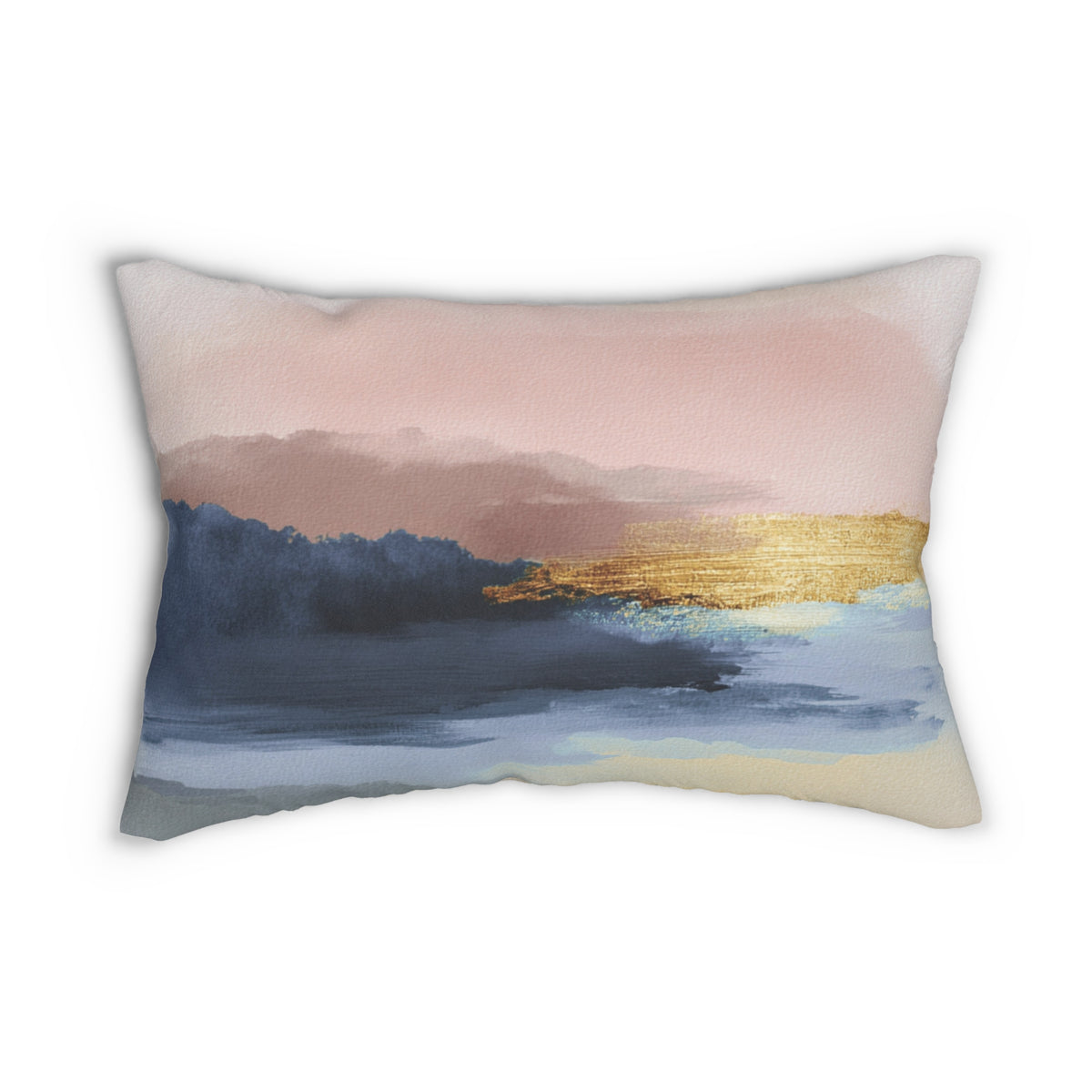 a square pillow with a vibrant abstract painting depicting a serene landscape with a sunset over a body of water.