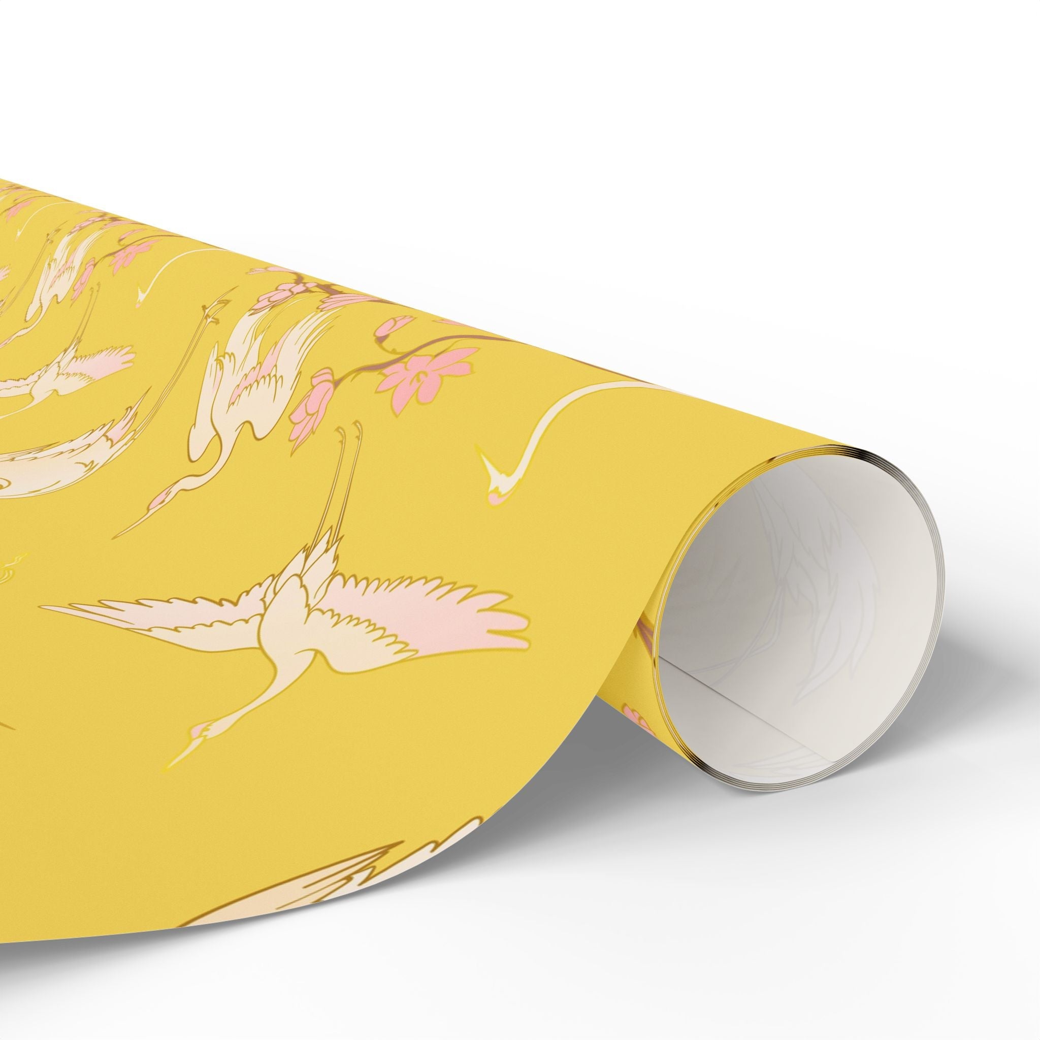 Japanese Yellow Wrapping Paper | Blush Pink Crane Stork Birds