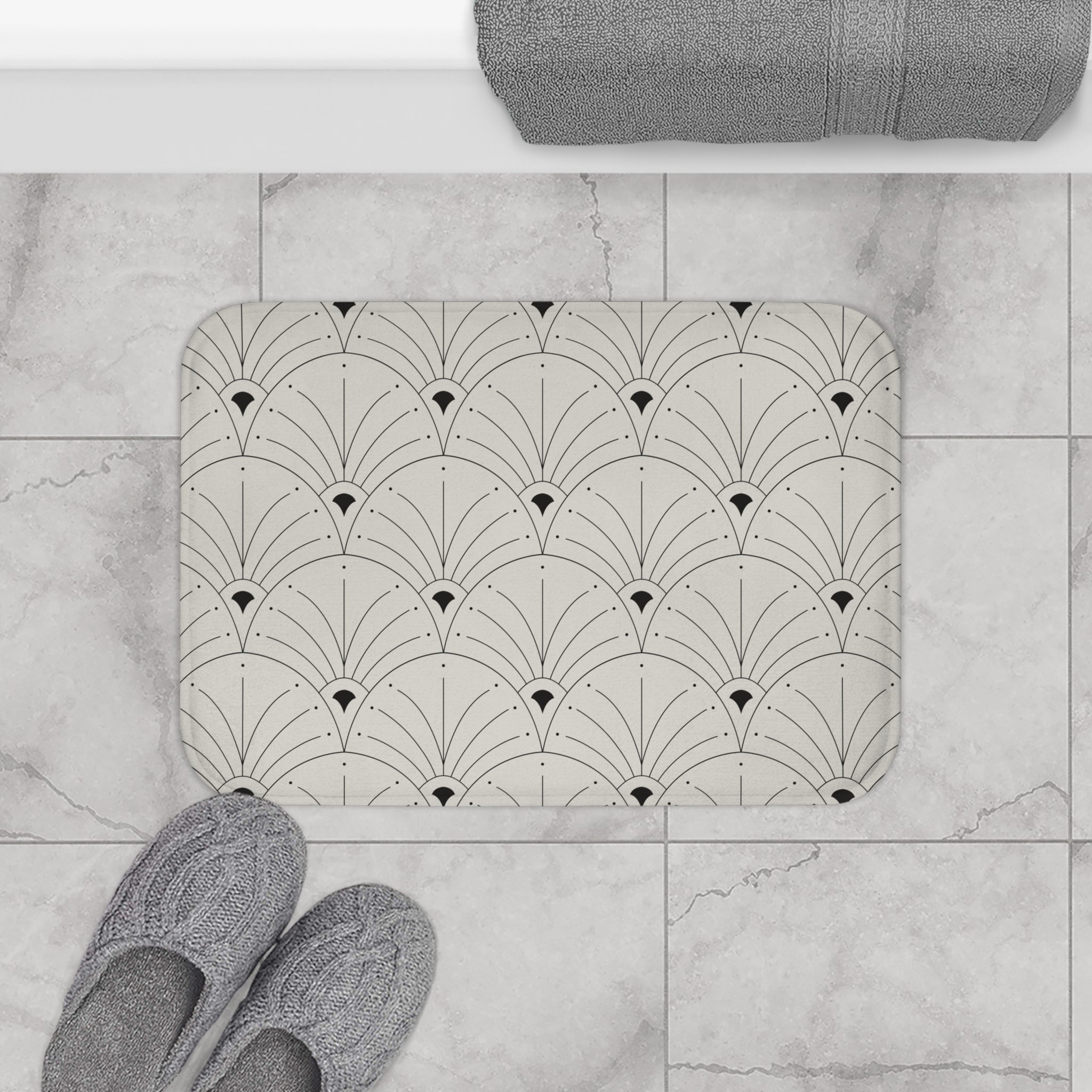 Boho Bath, Kitchen Mat |  Art Deco Nouveau Fan Grey Black