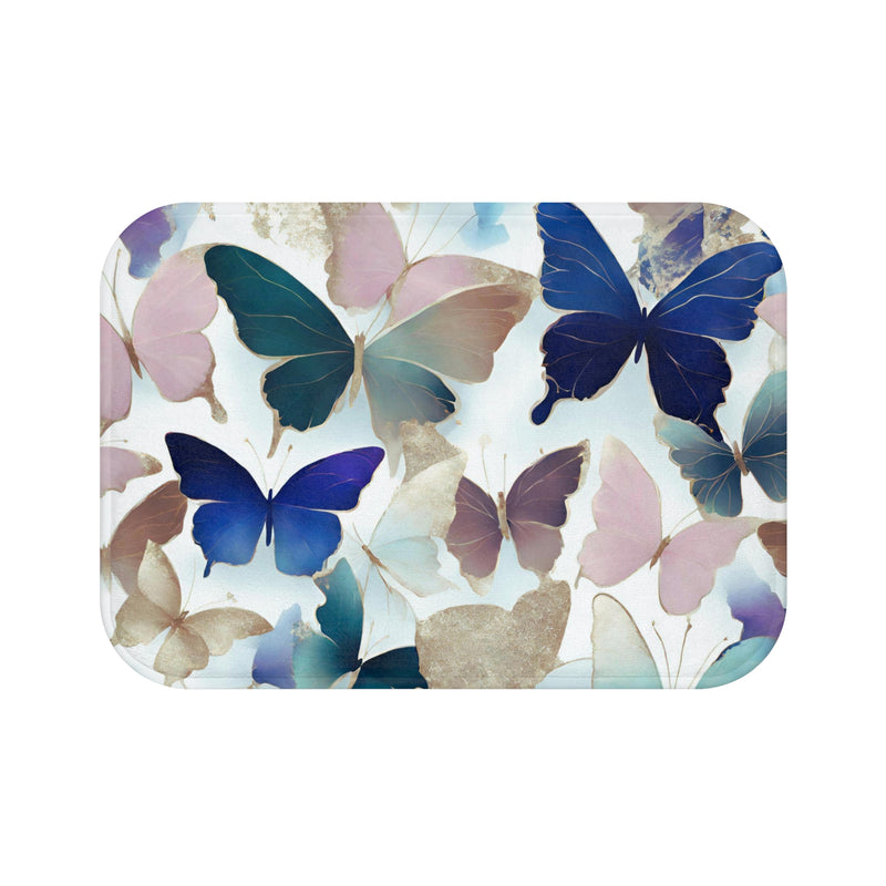 Boho Butterflies Bath, Kitchen Mat | Blue Pink, Muted Gold Beige, Colorful