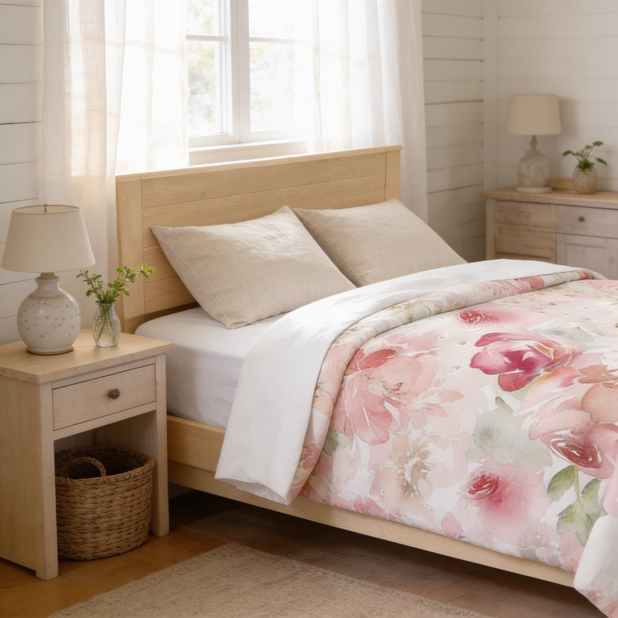 a cozy bedroom with a floral-patterned bedspread, a wooden headboard, and a nightstand with a lamp and a vase of flowers.