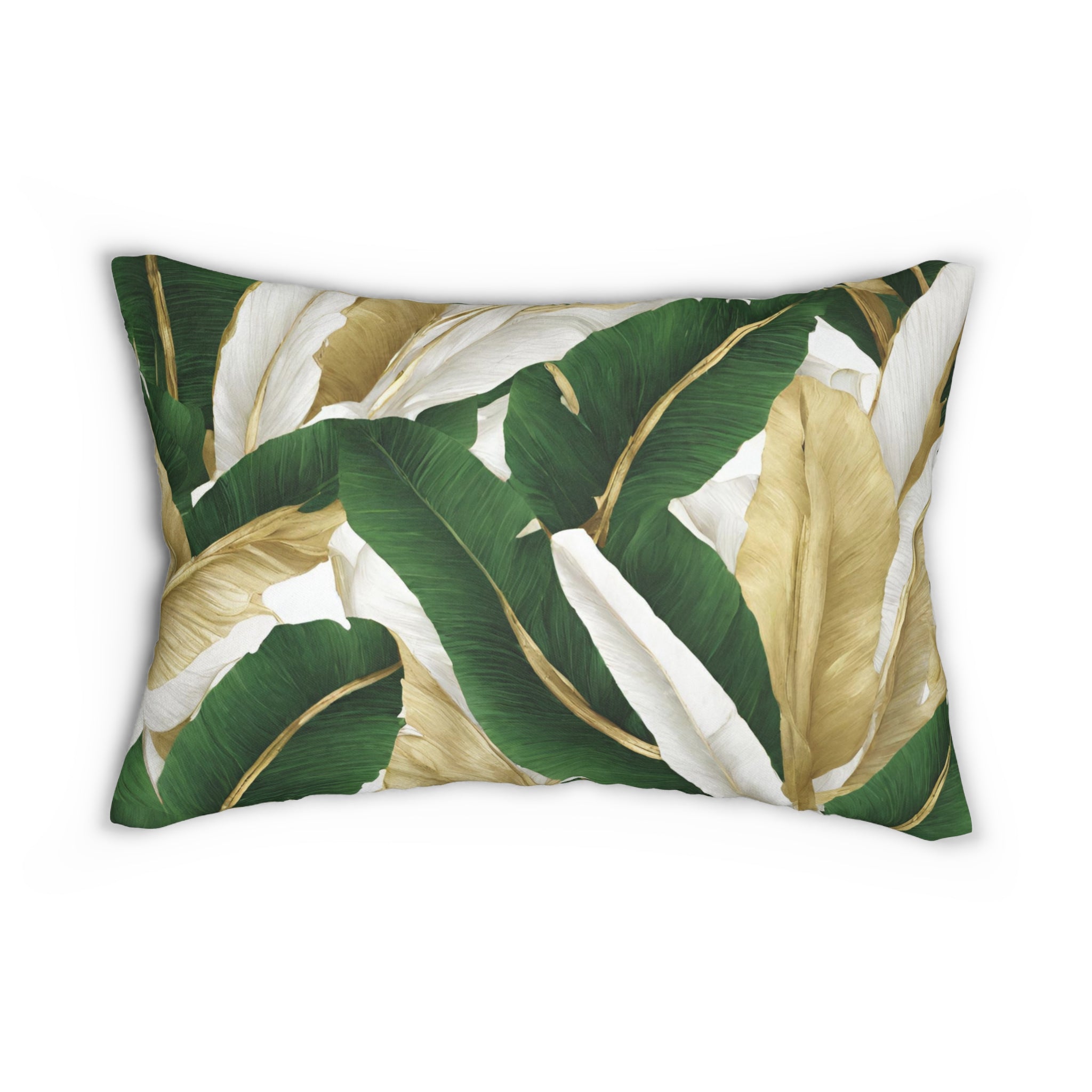 Floral Lumbar Pillow | White Sage Green, Gold Tropical Leaves