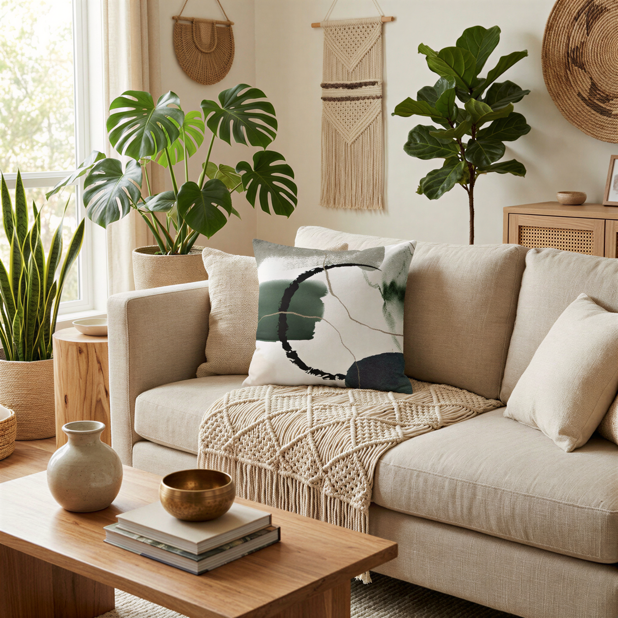 a cozy living room with a beige sofa, a wooden coffee table, and various decorative elements such as plants, a woven basket, and a woven wall hanging.