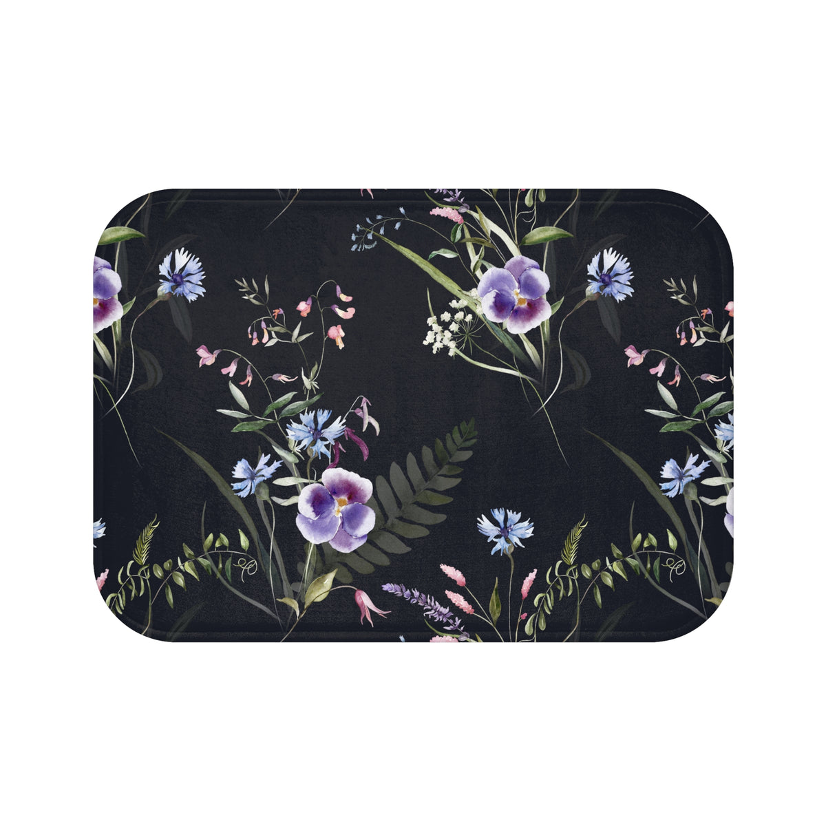a black background with a floral pattern of purple and blue flowers, ferns, and other plants.