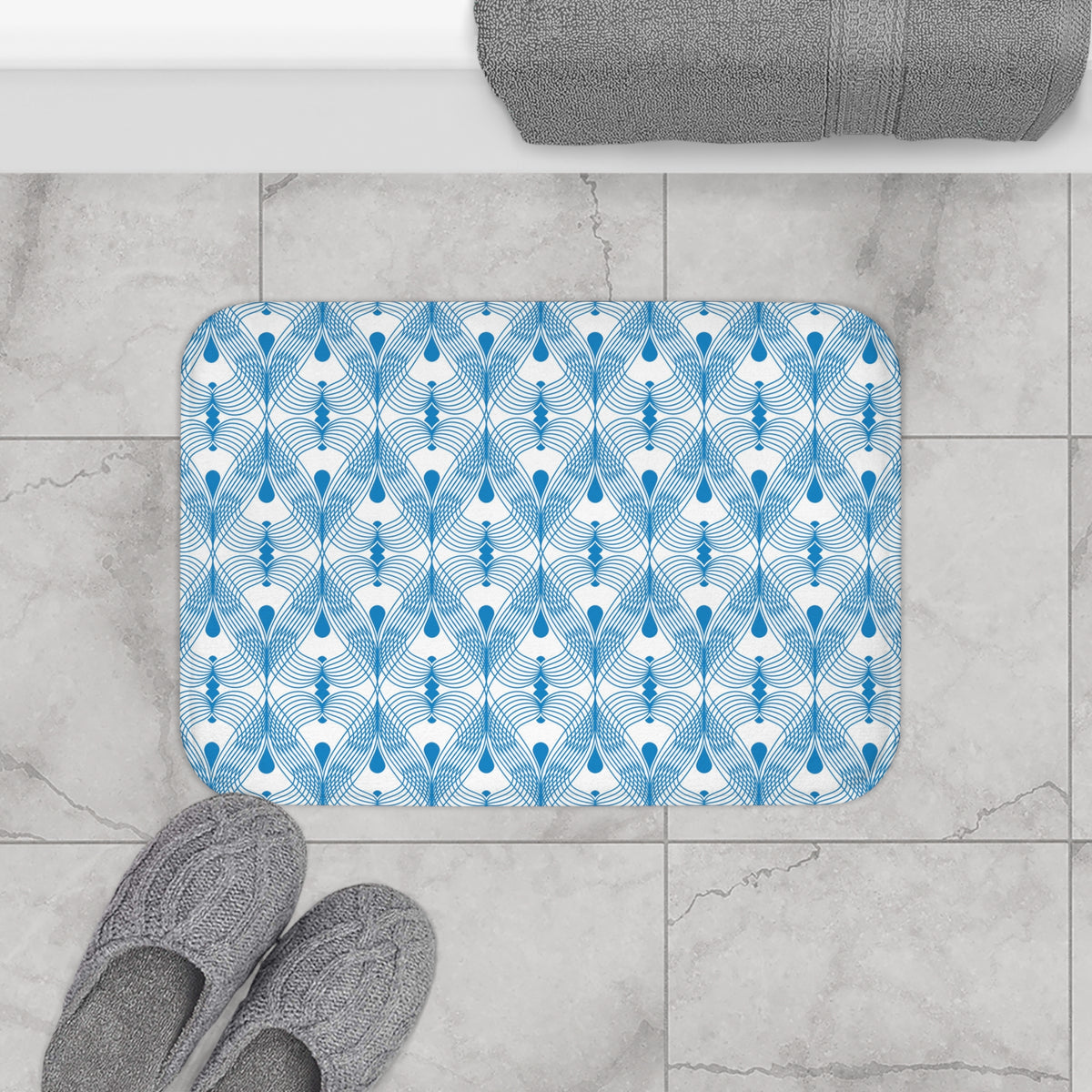 Sky Blue Deco Fan Bath Mat, Coastal Bathroom Rug