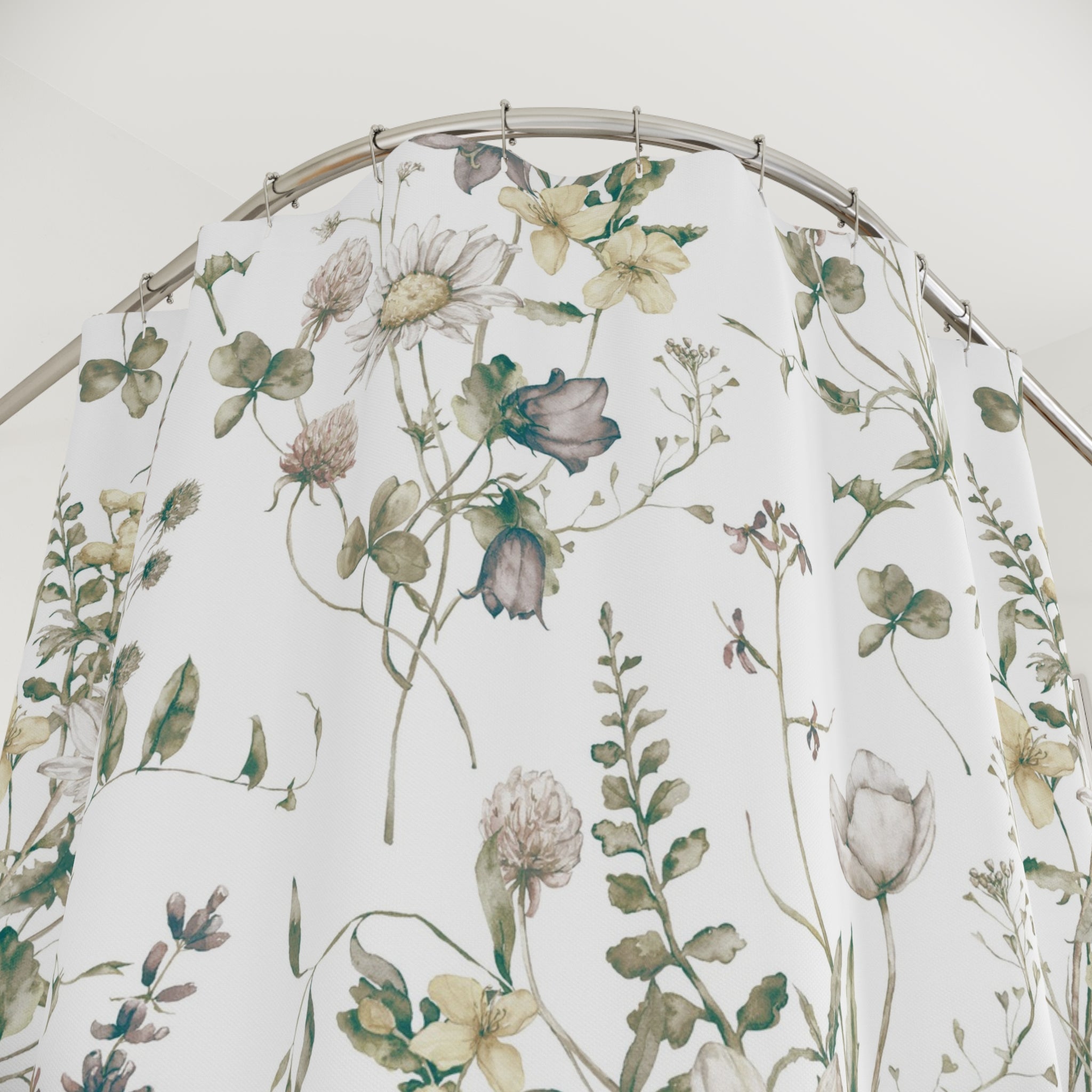 Teal and Beige Wildflower Shower Curtain | Vintage Botanical Bathroom Decor