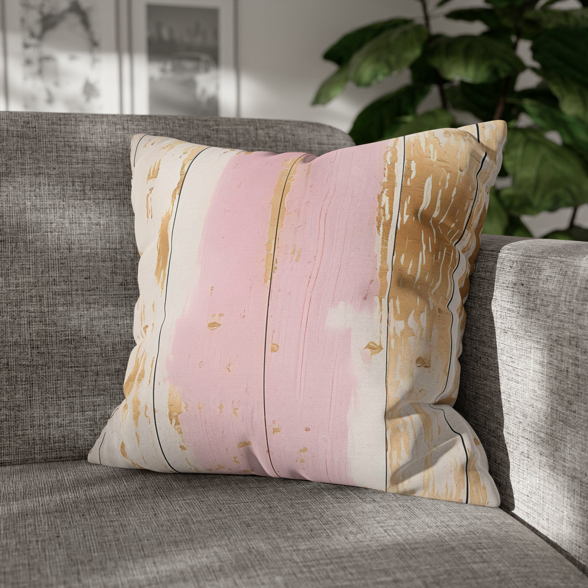 Rustic Pillow Cover | Blush Pink, Cream Muted Gold, Wooden Print