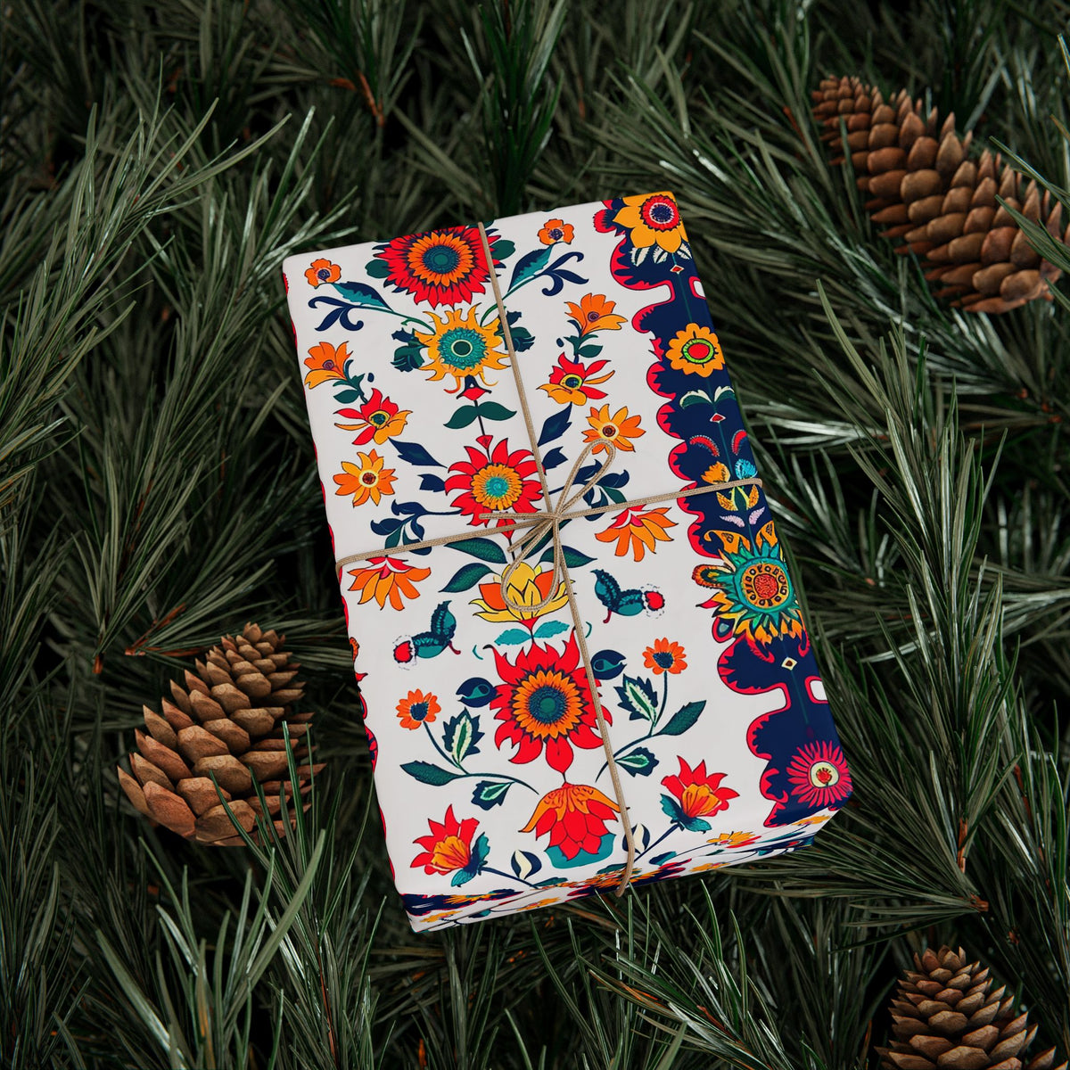 Red Navy White Folk Floral Wrapping Paper, Gift Wrap