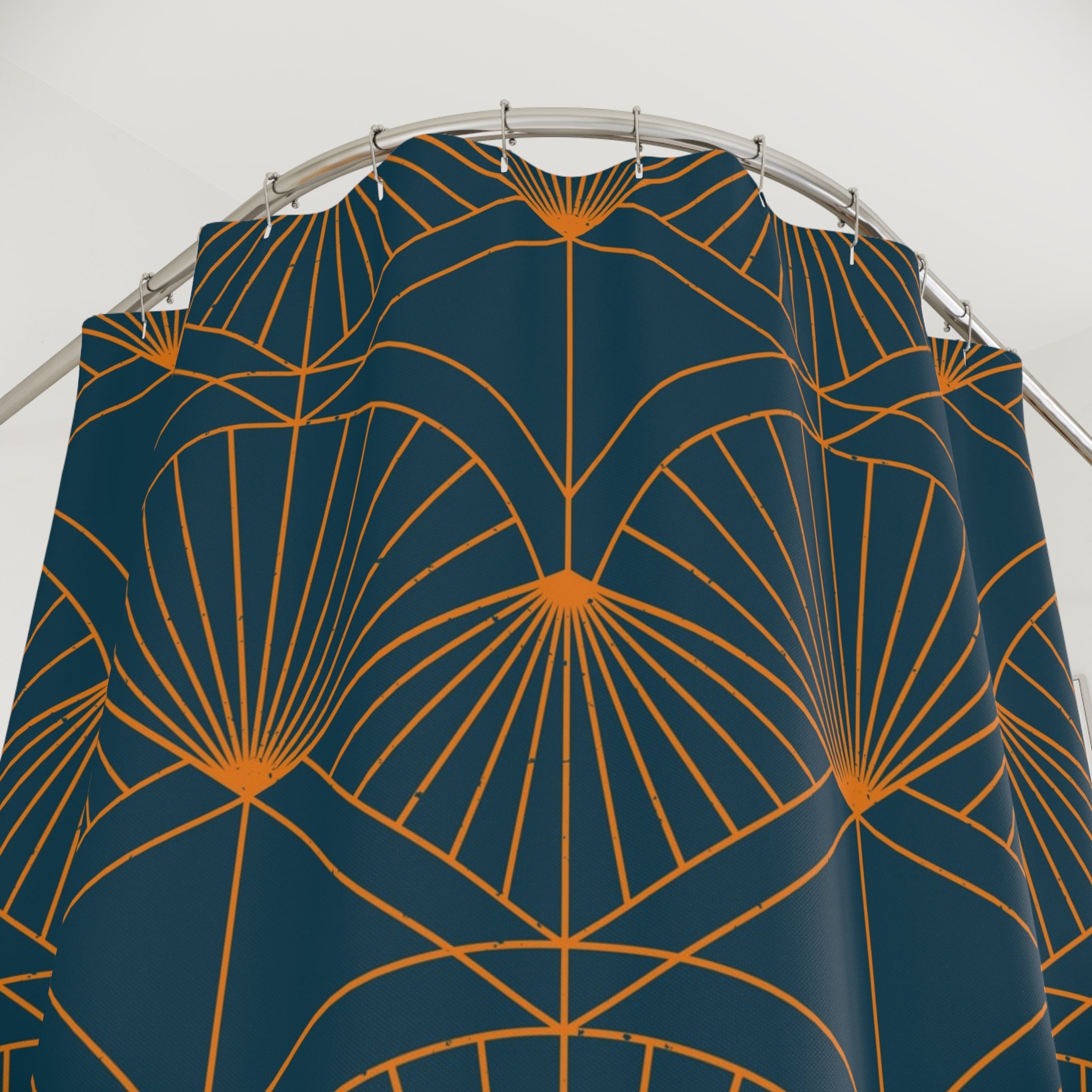 Art Deco Shower Curtain | Navy Blue, Orange Fan Bath Curtain