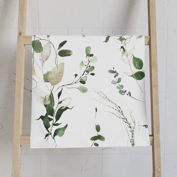 Floral Boho Kitchen, Bath Hand Towel | Watercolor White Forest Green Leaves