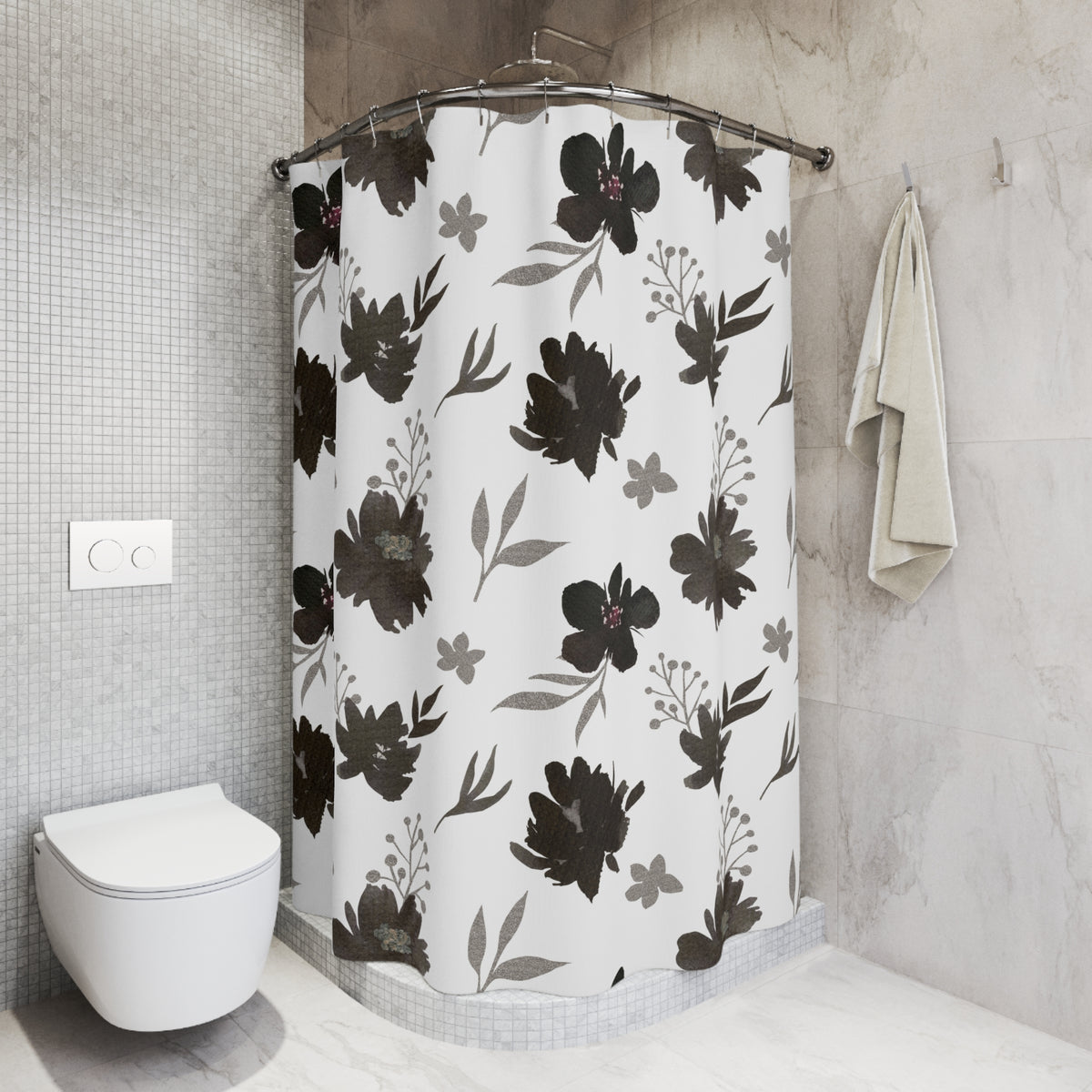 Black Grey Watercolor Floral Shower Curtain, Bath Curtain 71x74