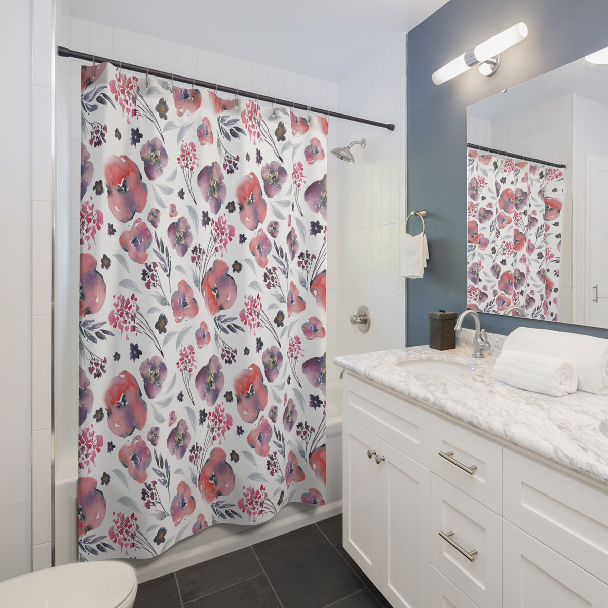 Coral Purple Watercolor Poppy Shower Curtain, Bath Curtain 71x74