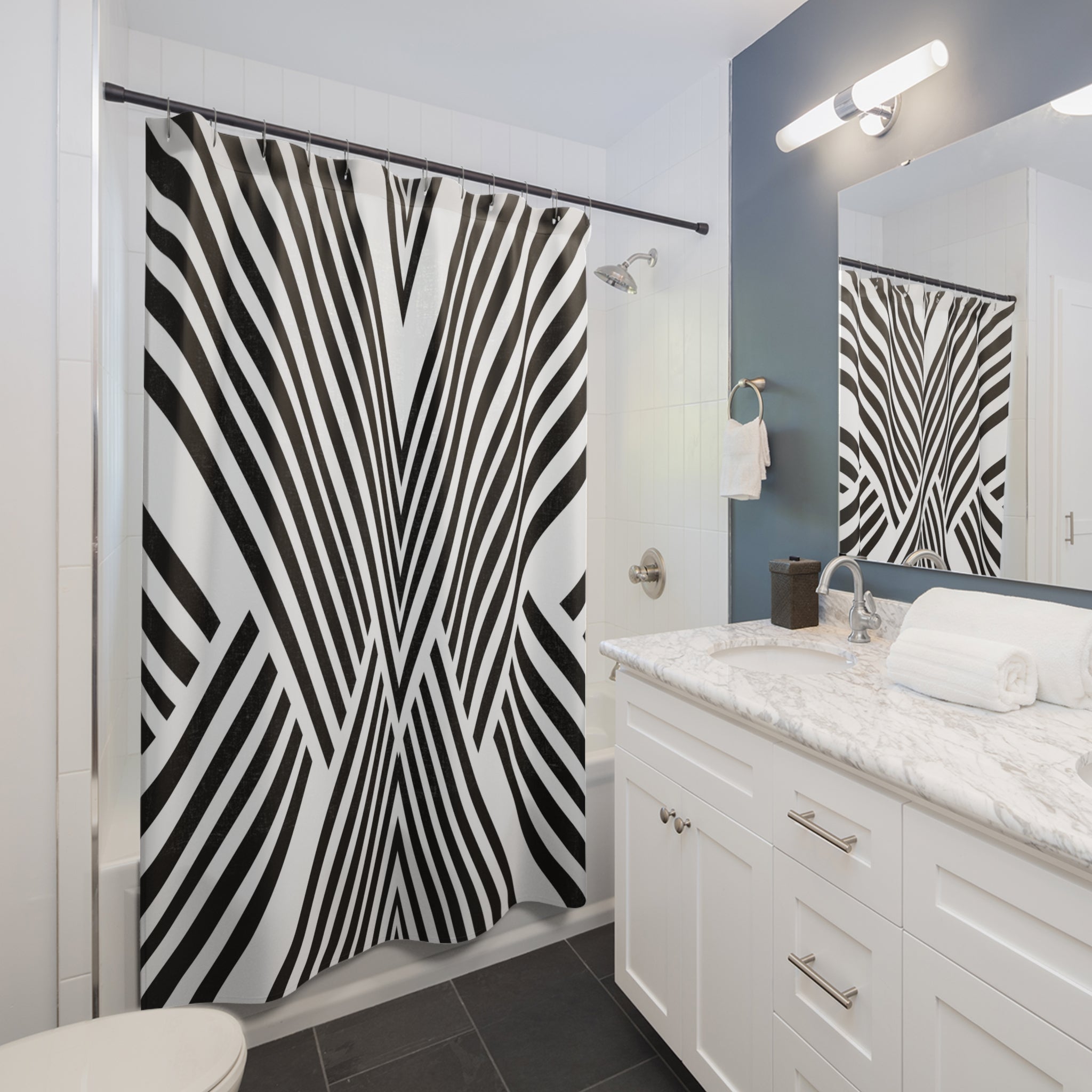 a black and white modern shower curtain in a bathroom