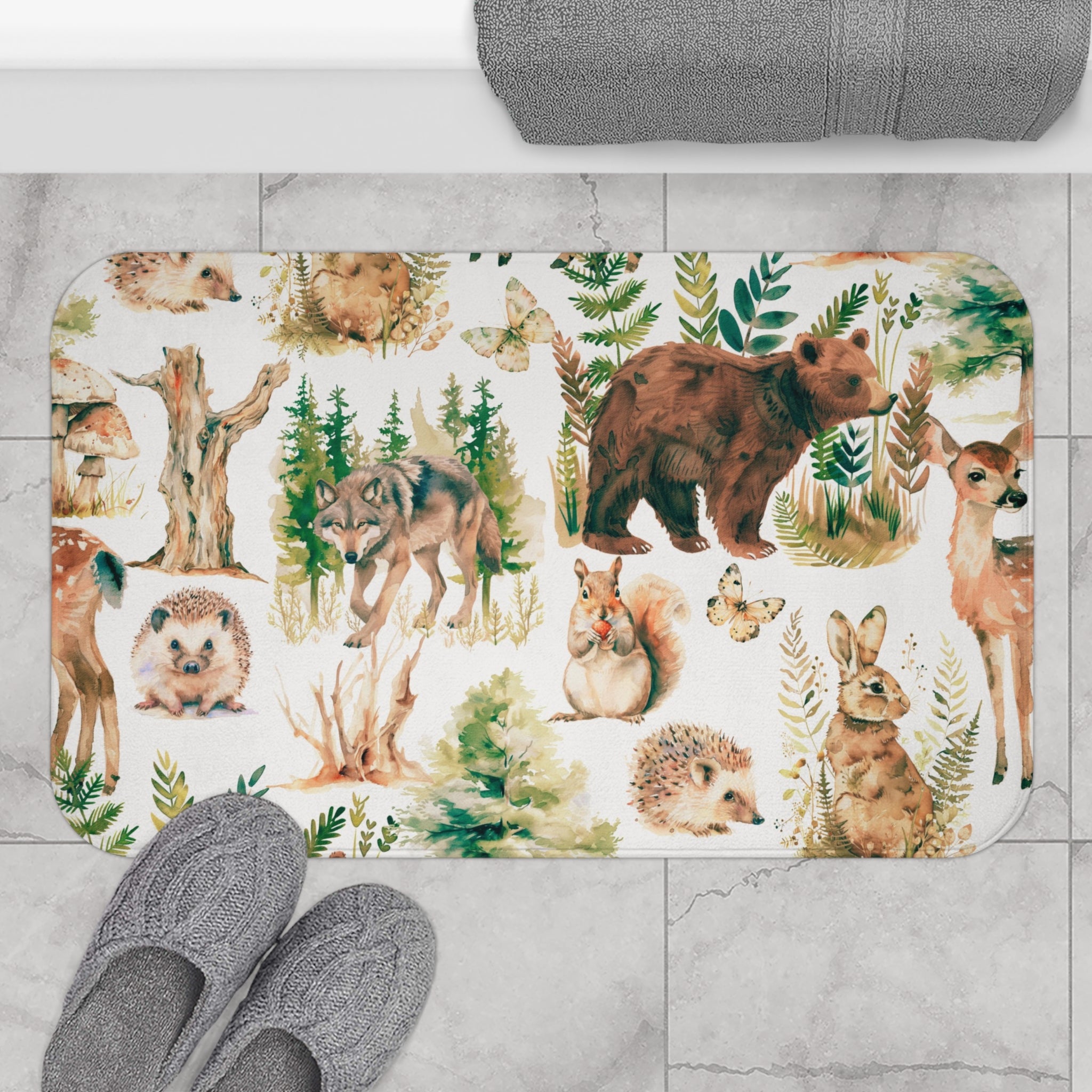 Forest Bath, Kitchen Mat | Nature Animals, Beige Green